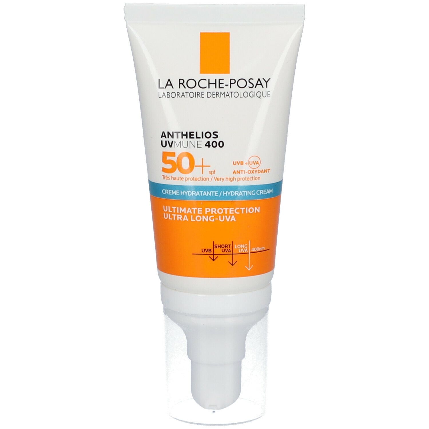 La Roche-Posay Anthelios UVMUNE 400 crema. Tubo bianco, accento arancione. SPF 50+. Crema idratante.