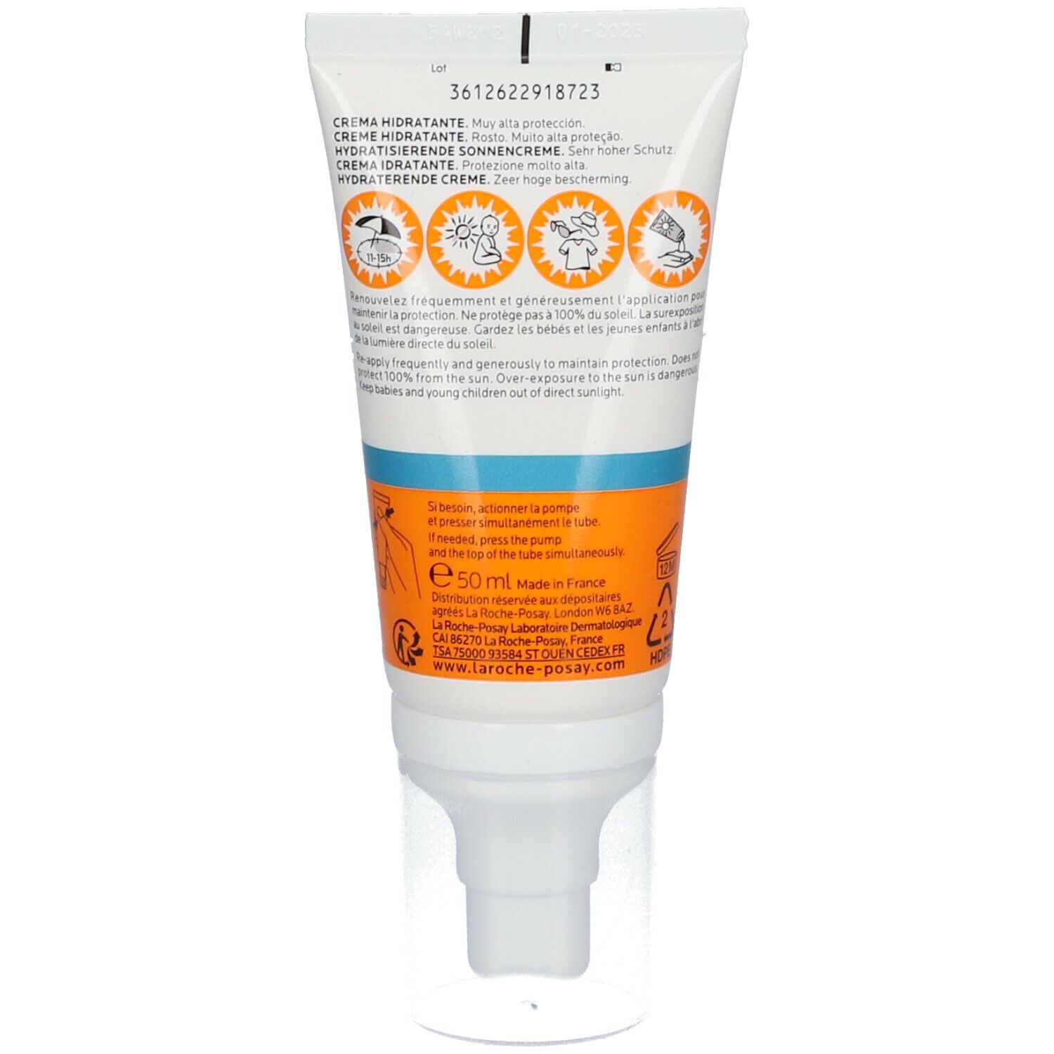 Retro del tubo. La Roche-Posay Anthelios UVMUNE 400. Informazioni, istruzioni per l'uso, ingredienti.