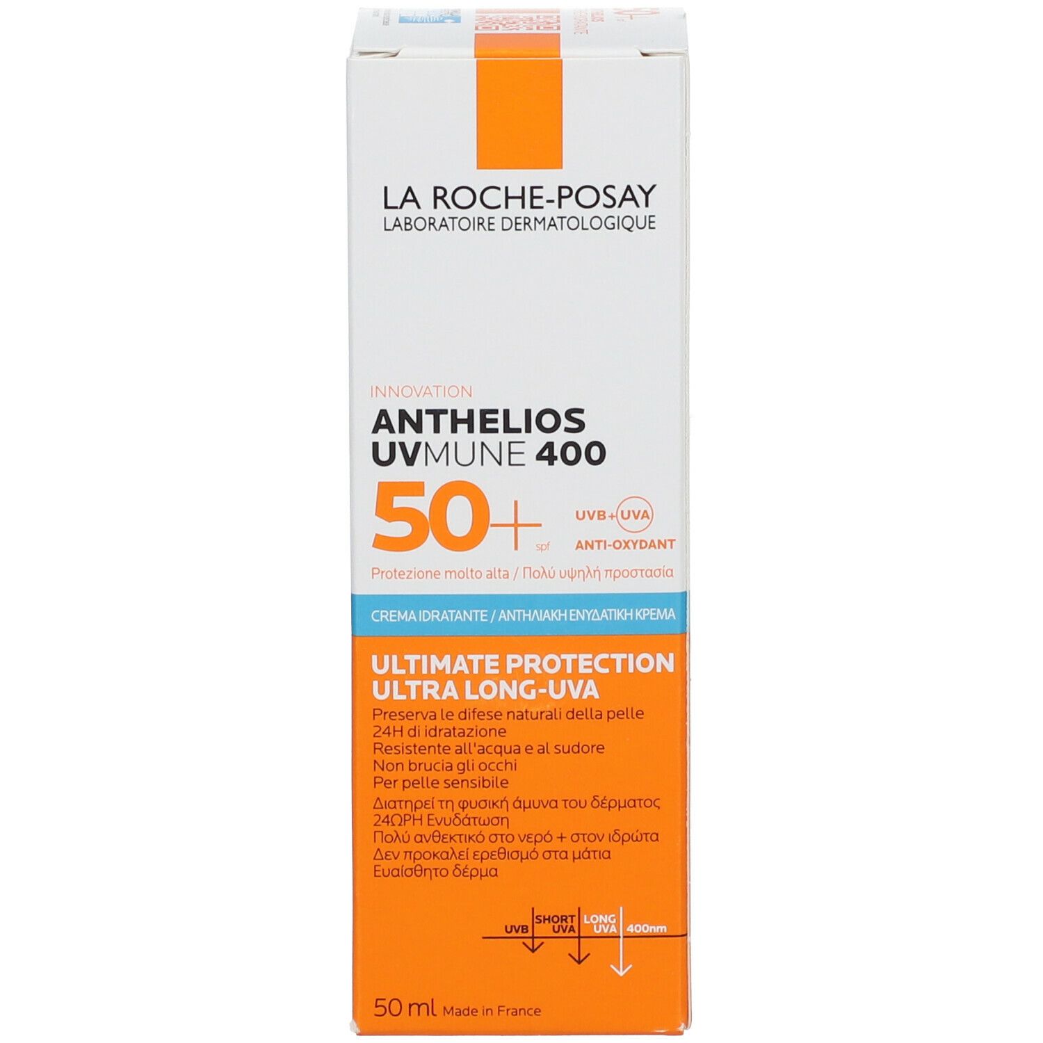 Confezione. La Roche-Posay Anthelios UVMUNE 400. SPF 50+. Crema, protezione UVA/UVB.