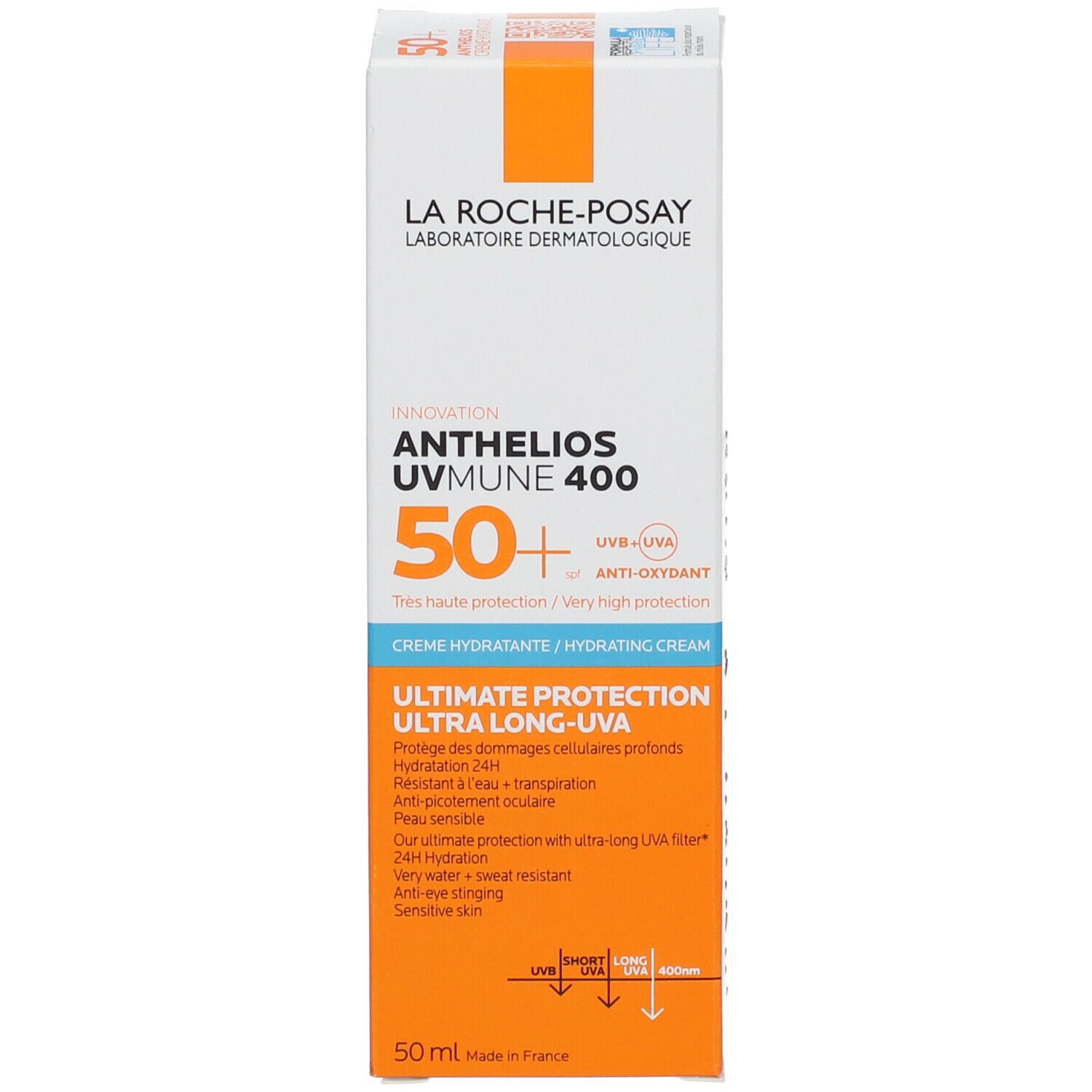 Lato della confezione. La Roche-Posay Anthelios UVMUNE 400. Informazioni, istruzioni, ingredienti.