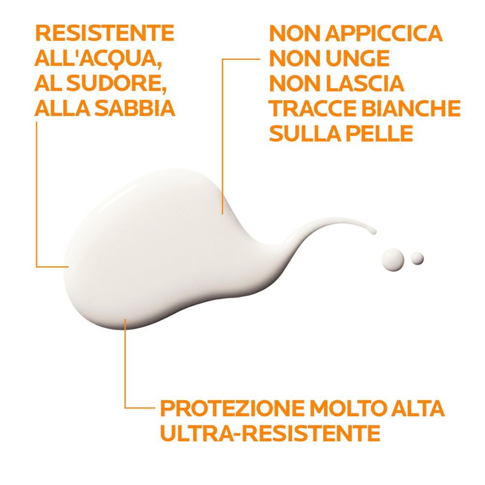 Gocce di crema solare. Resistente all'acqua, al sudore e alla sabbia. Non appiccica, senza tracce bianche. Protezione alta.