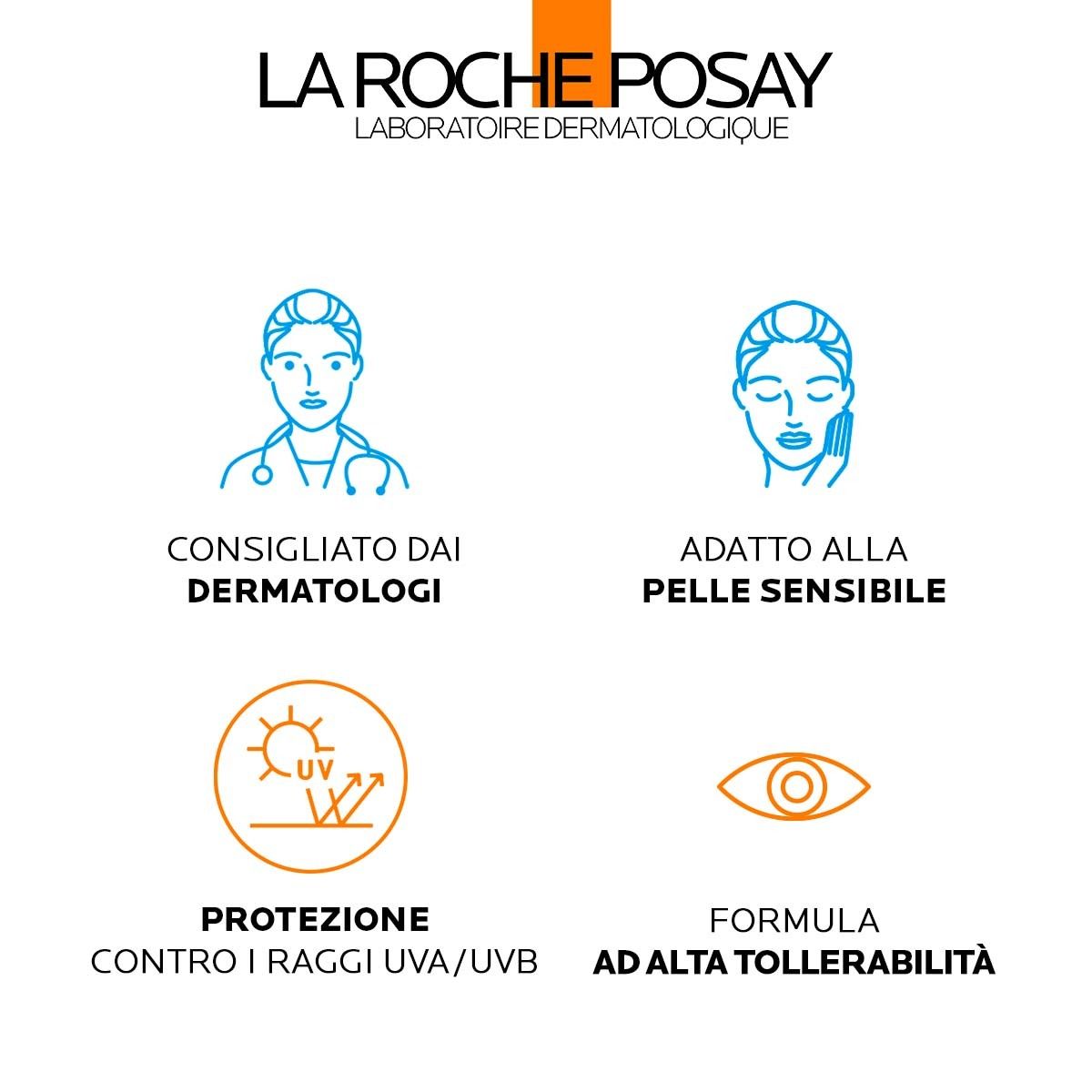 Icone. Consigliato dai dermatologi. Adatto alla pelle sensibile. Protezione UVA/UVB. Alta tollerabilità.