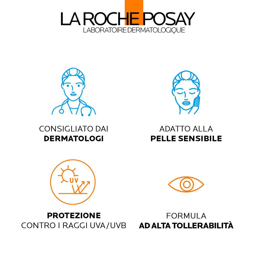 Icone. Consigliato dai dermatologi. Adatto alla pelle sensibile. Protezione UVA/UVB. Alta tollerabilità.