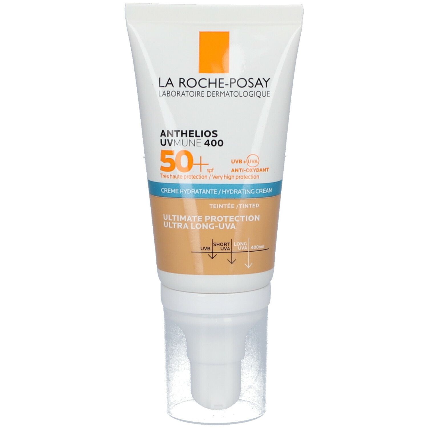 Tubo crema. La Roche-Posay Anthelios UVMUNE 400. SPF 50+. Crema idratante colorata. Ultimate Protection Ultra Long-UVA.