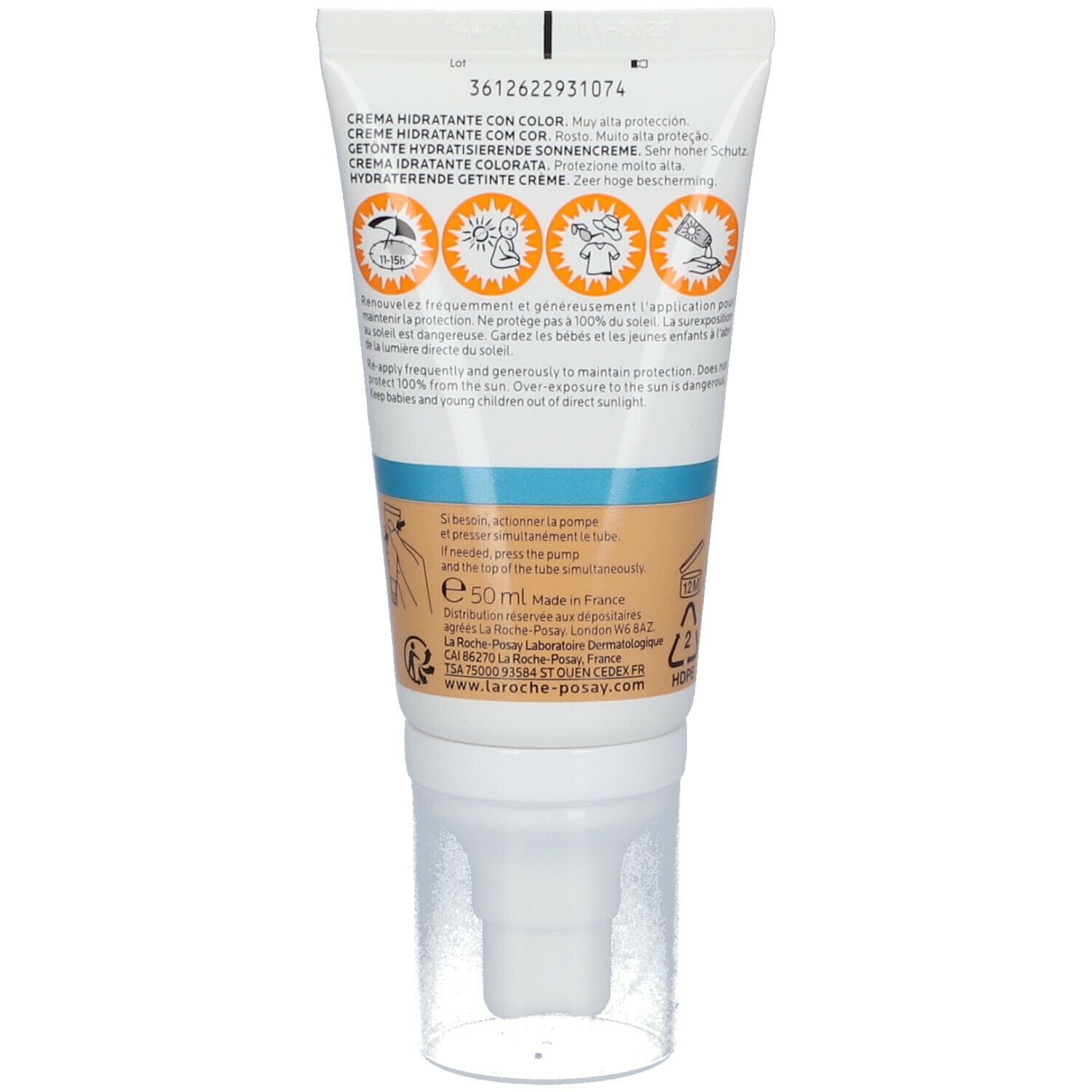 Retro del tubo. La Roche-Posay Anthelios UVMUNE 400. Crema idratante colorata. Informazioni sull'uso e ingredienti.
