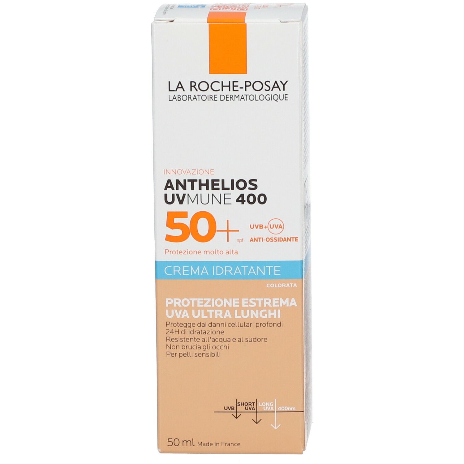Confezione del prodotto. La Roche-Posay Anthelios UVMUNE 400. SPF 50+. Crema idratante colorata. Protezione UVA.