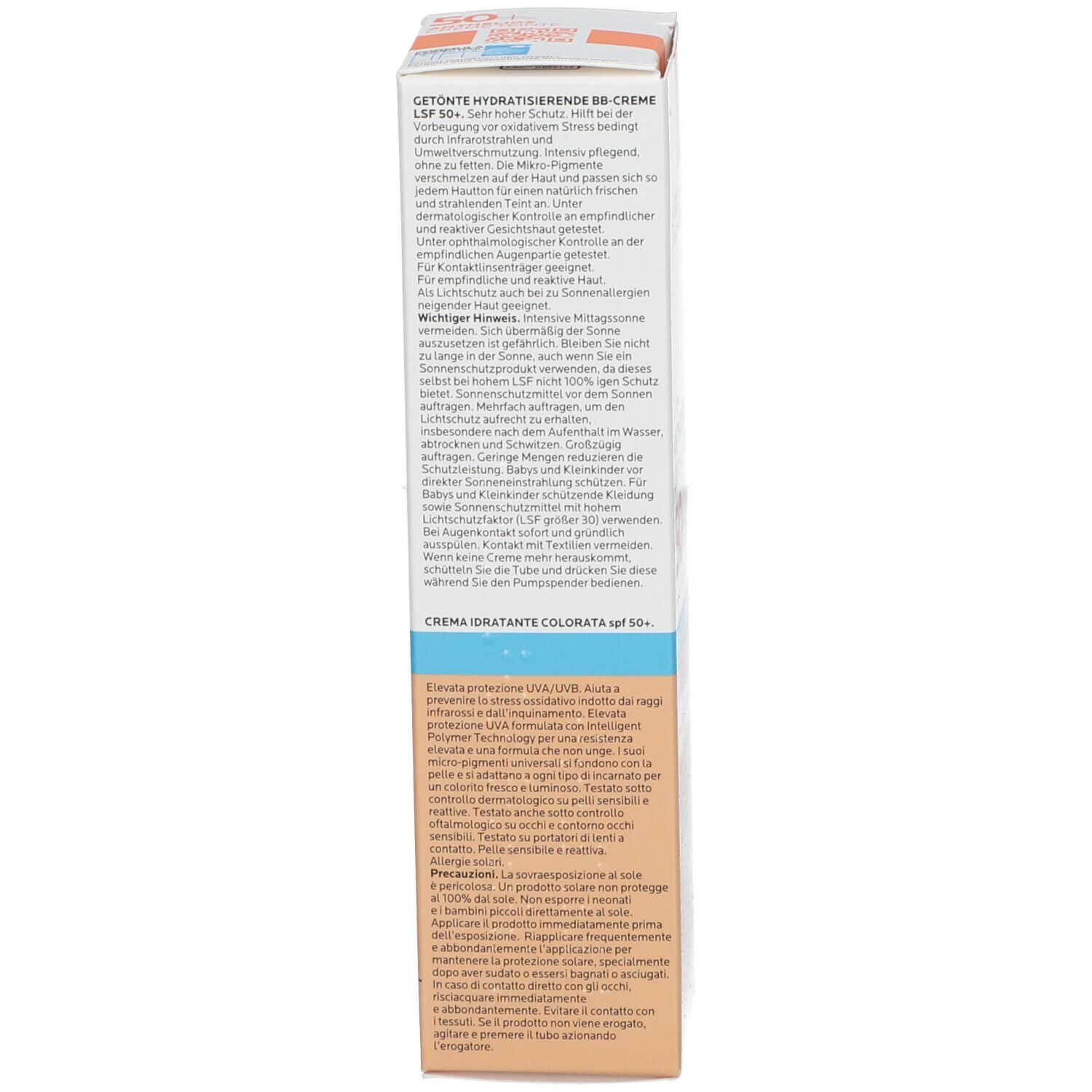 Retro della confezione. La Roche-Posay Anthelios UVMUNE 400. Crema idratante colorata. Informazioni e ingredienti.
