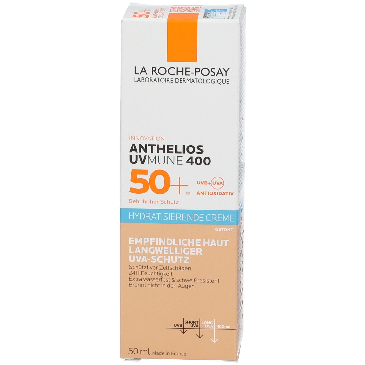 Confezione del prodotto. La Roche-Posay Anthelios UVMUNE 400. SPF 50+. Pelle sensibile. Protezione UVA a lunga durata.