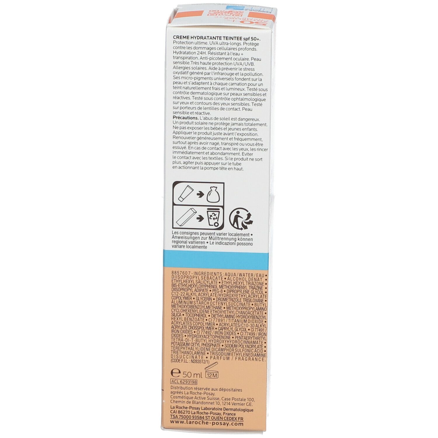Retro della confezione. La Roche-Posay Anthelios UVMUNE 400. Crema idratante colorata. Informazioni e ingredienti.