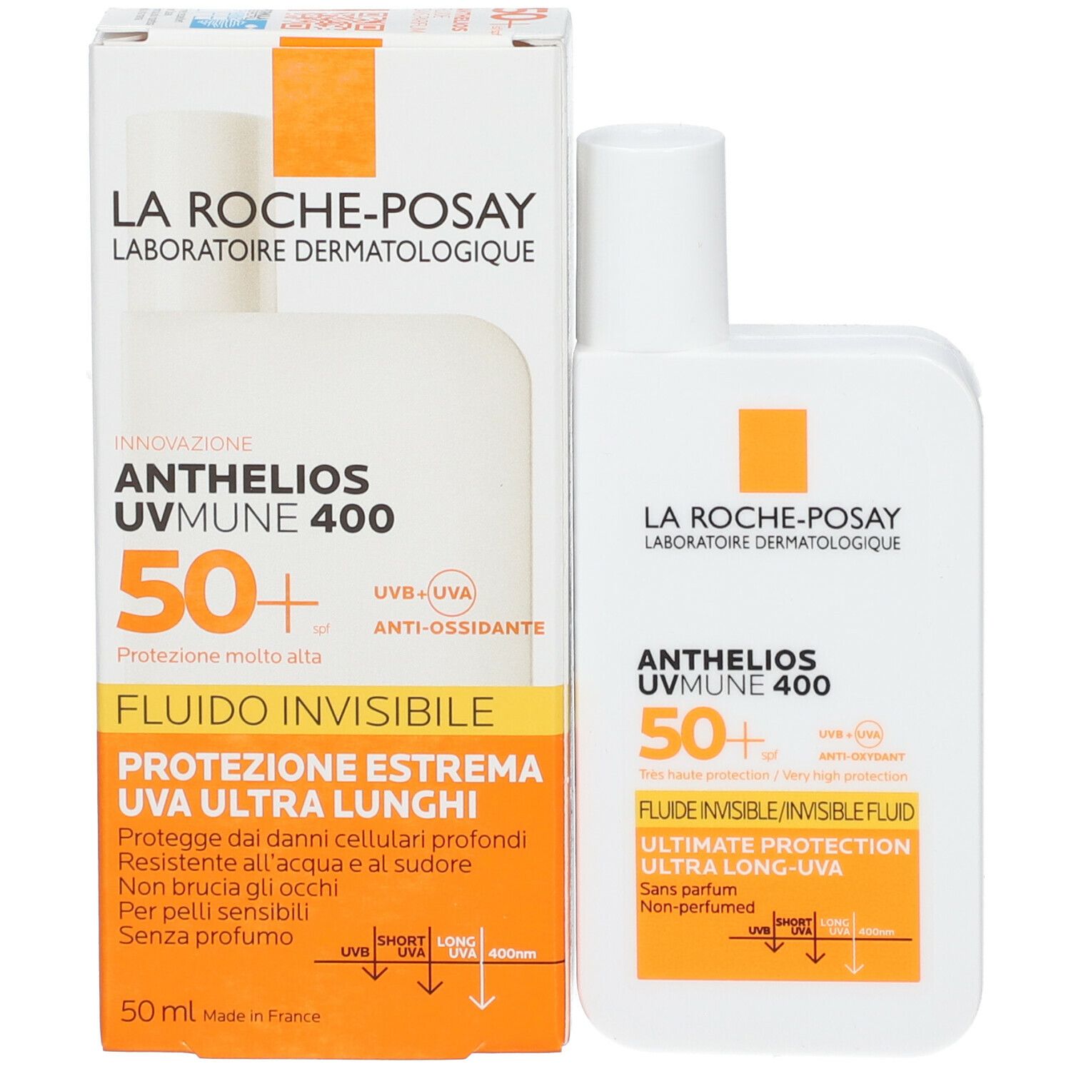 La Roche-Posay Anthelios UVMune 400. SPF 50+. Fluido Invisibile. 50 ml. Confezione.