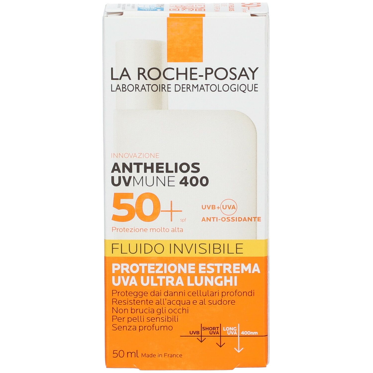 Confezione La Roche-Posay Anthelios UVMune 400. SPF 50+. Fluido Invisibile. 50 ml.