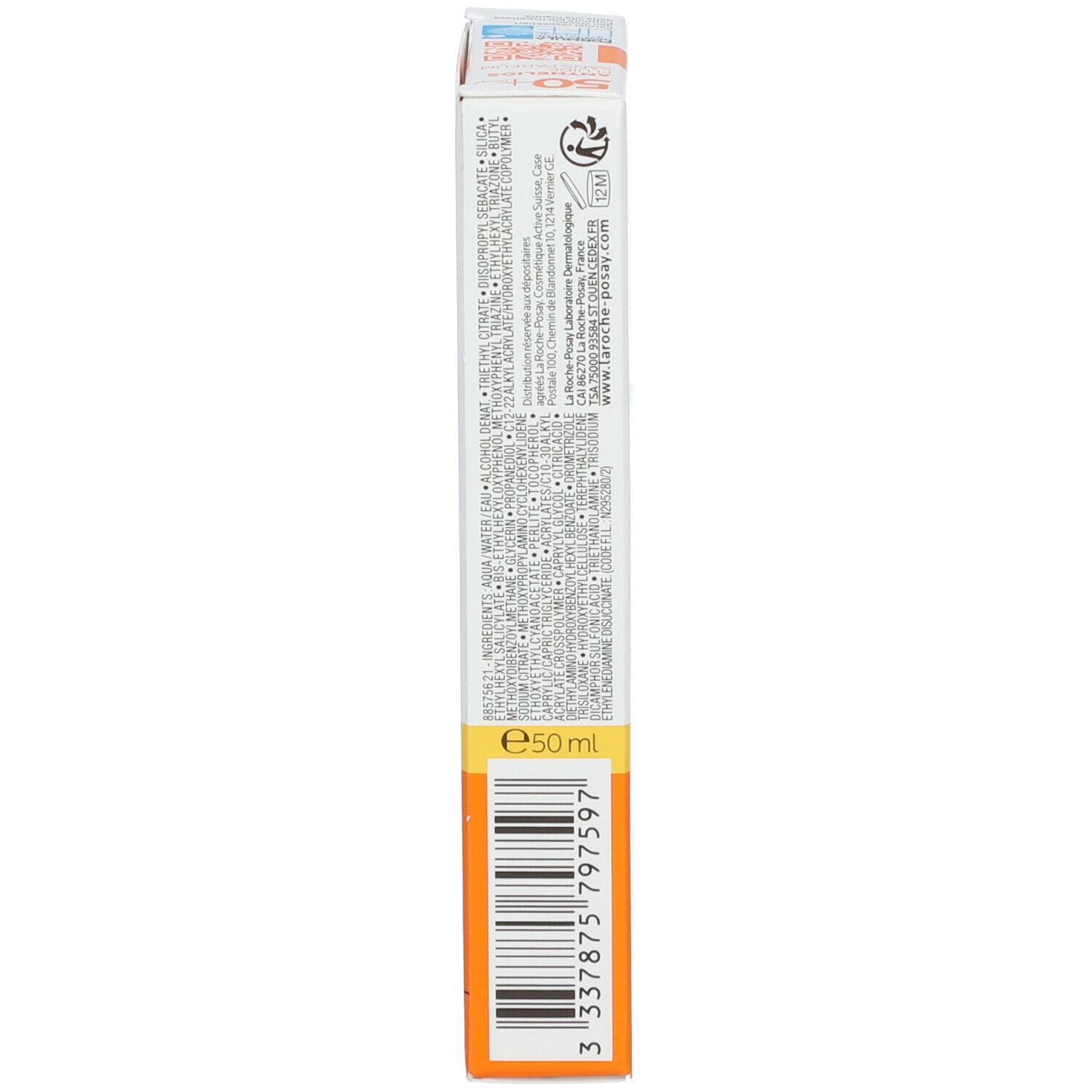 Retro della confezione. La Roche-Posay Anthelios UVMune 400. Codice a barre. 50 ml.
