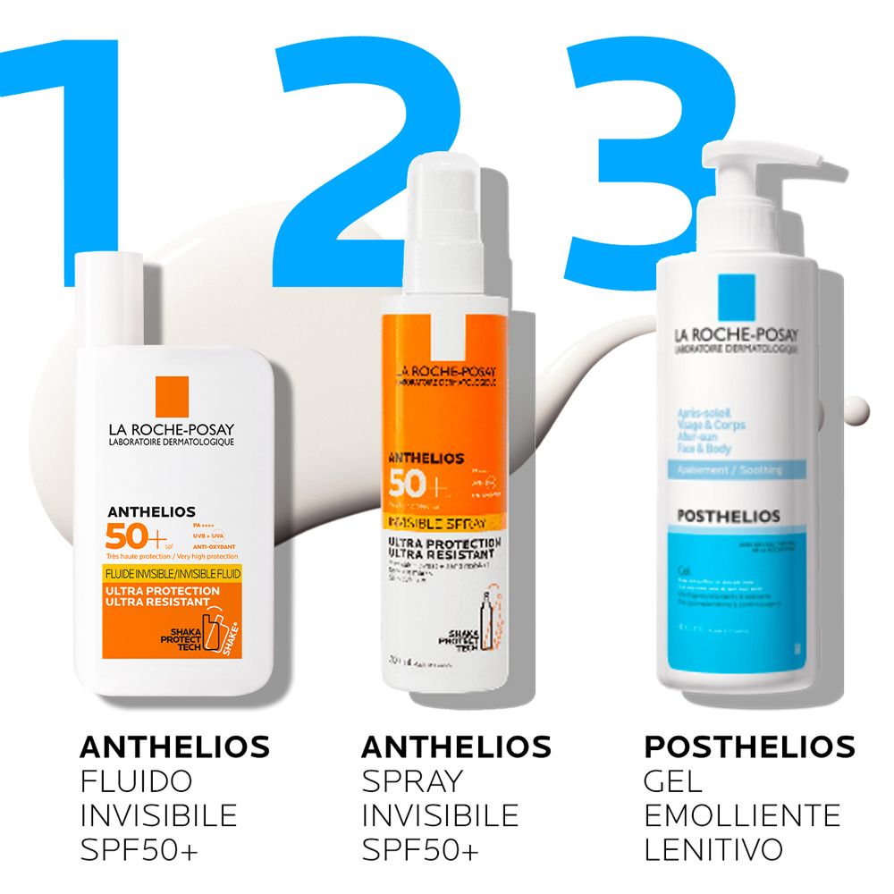 Tre prodotti: Anthelios Fluido, Spray e Posthelios Gel. SPF 50+. Nomi dei prodotti visibili.