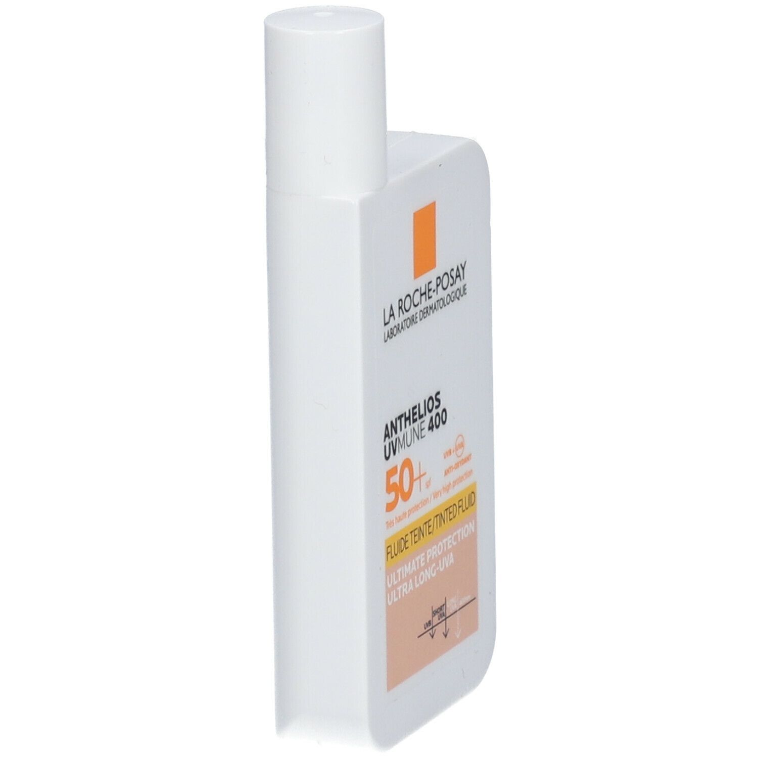 La Roche-Posay Anthelios UVMune 400. Flacone bianco con dettaglio arancione. SPF 50+. Fluido Tinte.