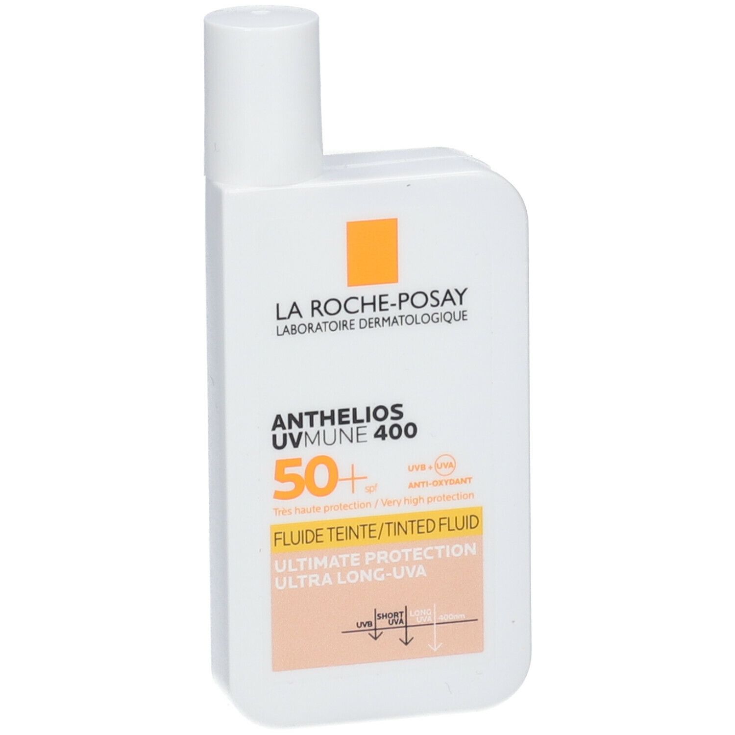 La Roche-Posay Anthelios UVMune 400. Flacone bianco con dettaglio arancione. SPF 50+. Fluido Tinte.