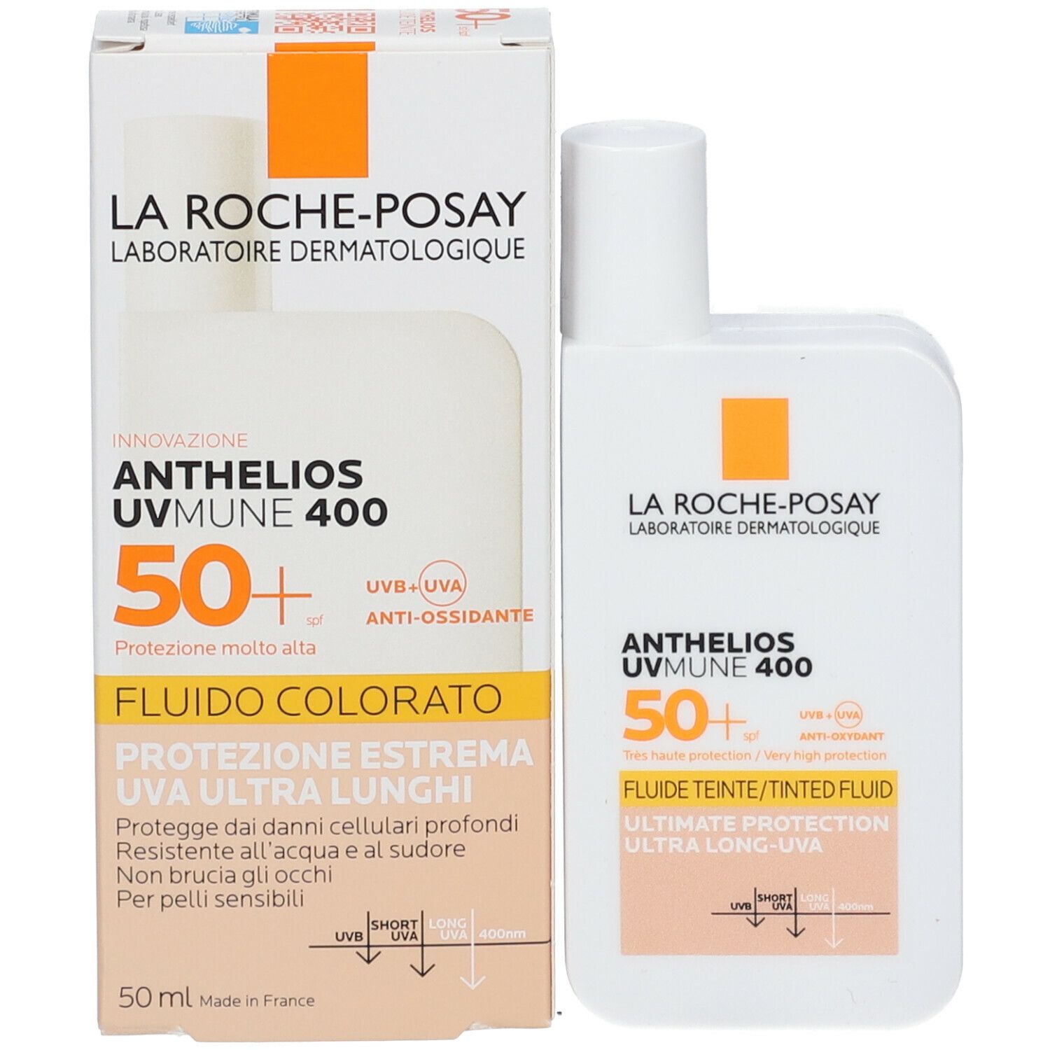 La Roche-Posay Anthelios UVMune 400. Prodotto e confezione. SPF 50+. Fluido Tinte. 50 ml.