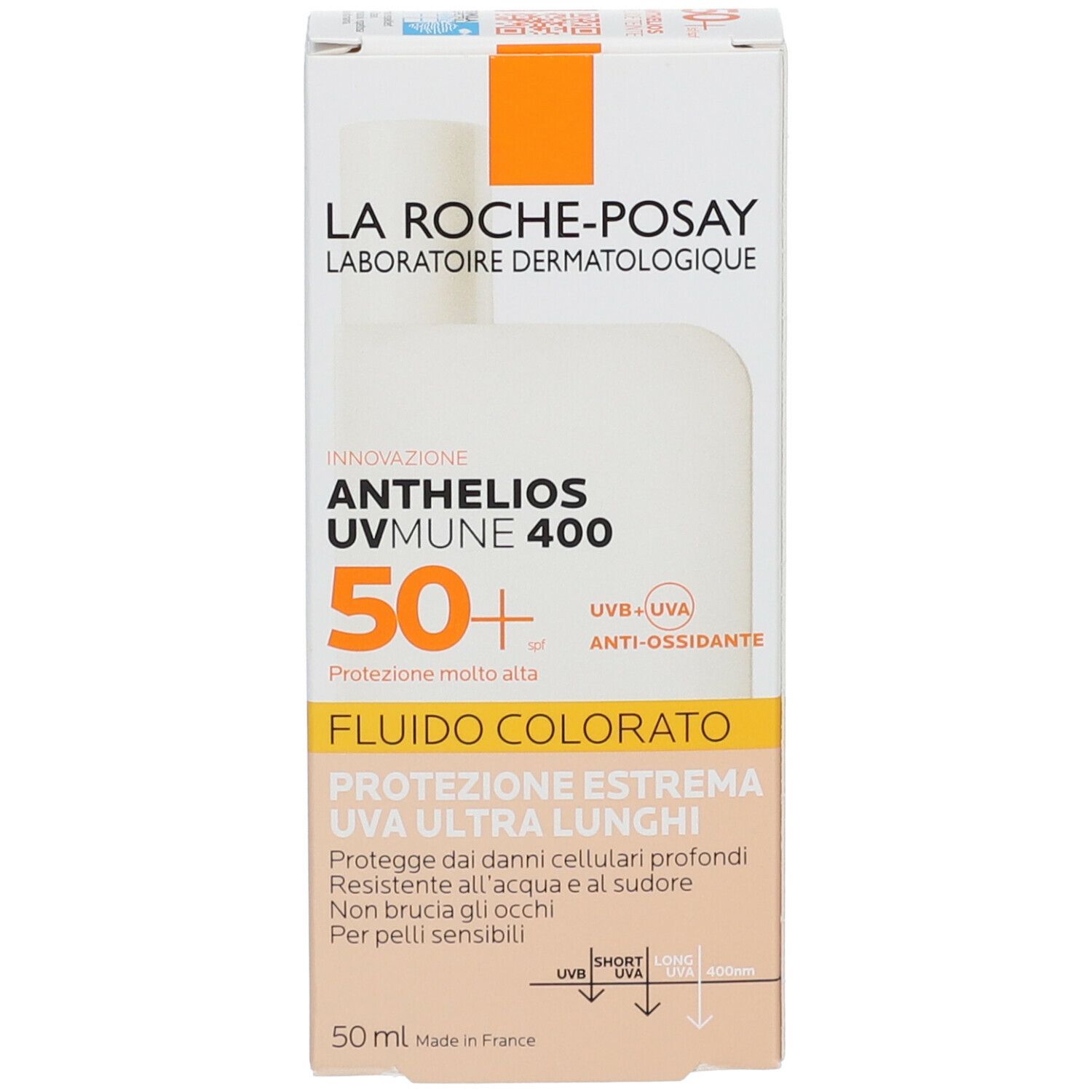 La Roche-Posay Anthelios UVMune 400. Prodotto e confezione. SPF 50+. Fluido Tinte. 50 ml.