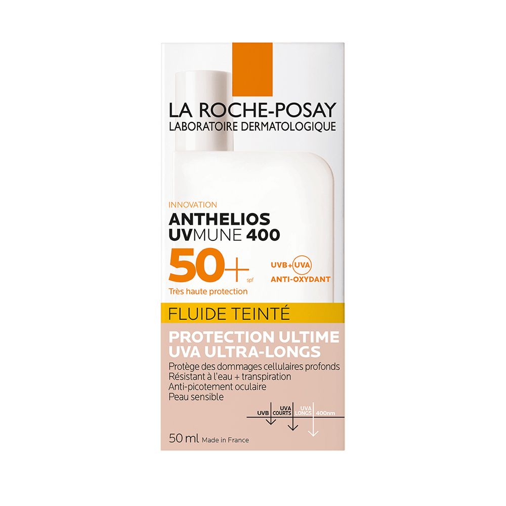 La Roche-Posay Anthelios UVMune 400. Tubo bianco con dettaglio arancione. SPF 50+. Fluido Tinte.