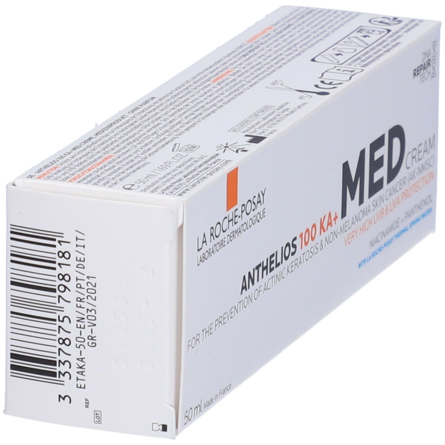 Scatola bianca con prodotto. Scritta: Anthelios 100 KA+ Med Cream. Logo: La Roche-Posay. Codice a barre e testo.