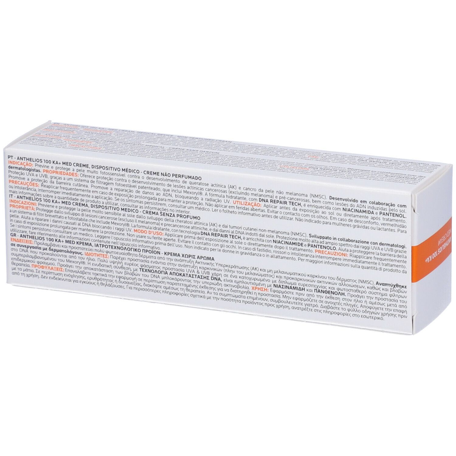 Scatola bianca con prodotto. Scritta: Anthelios 100 KA+ Med Cream. Logo: La Roche-Posay. Testo.