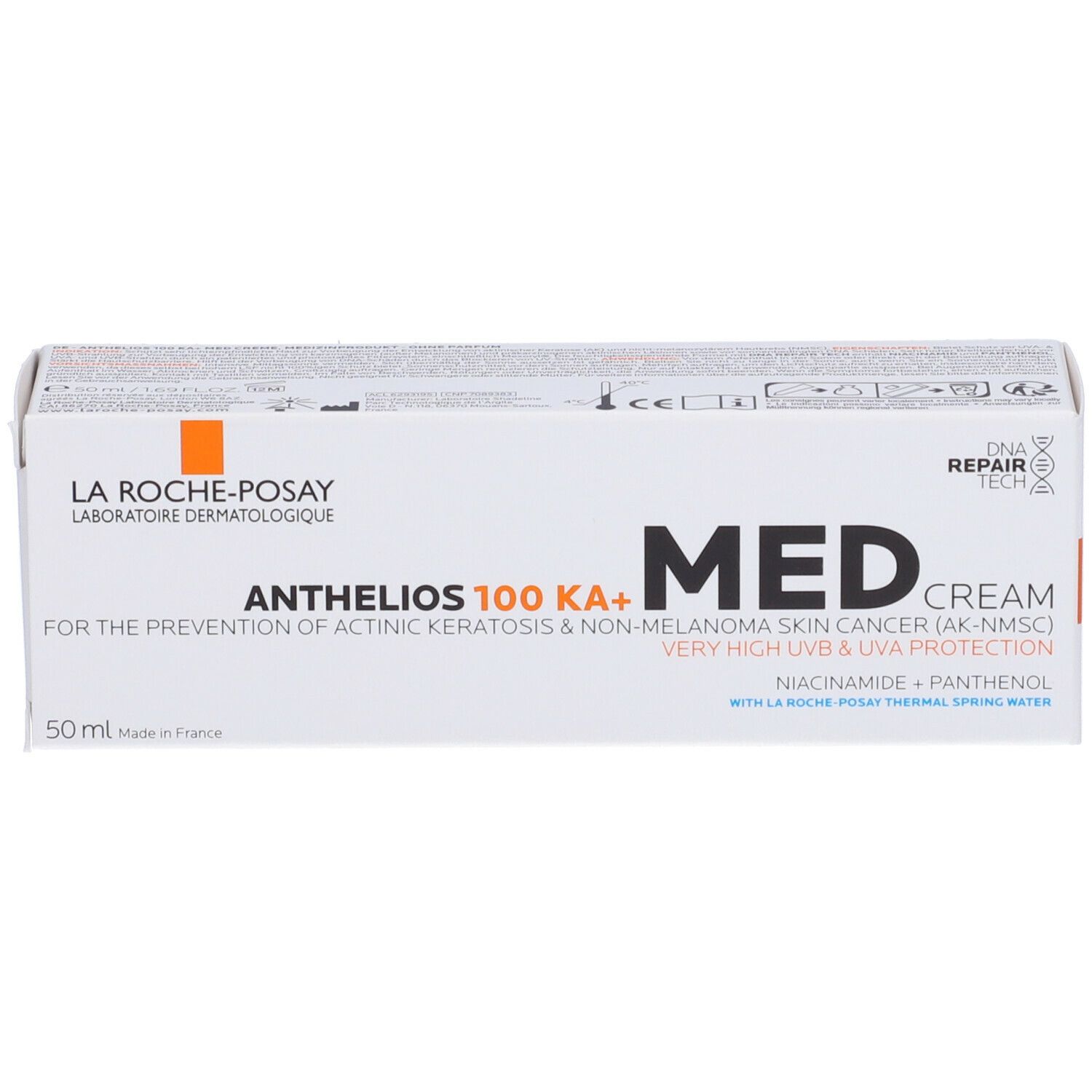 Scatola bianca con prodotto. Scritta: Anthelios 100 KA+ Med Cream. Logo: La Roche-Posay. Testo: 50 ml.