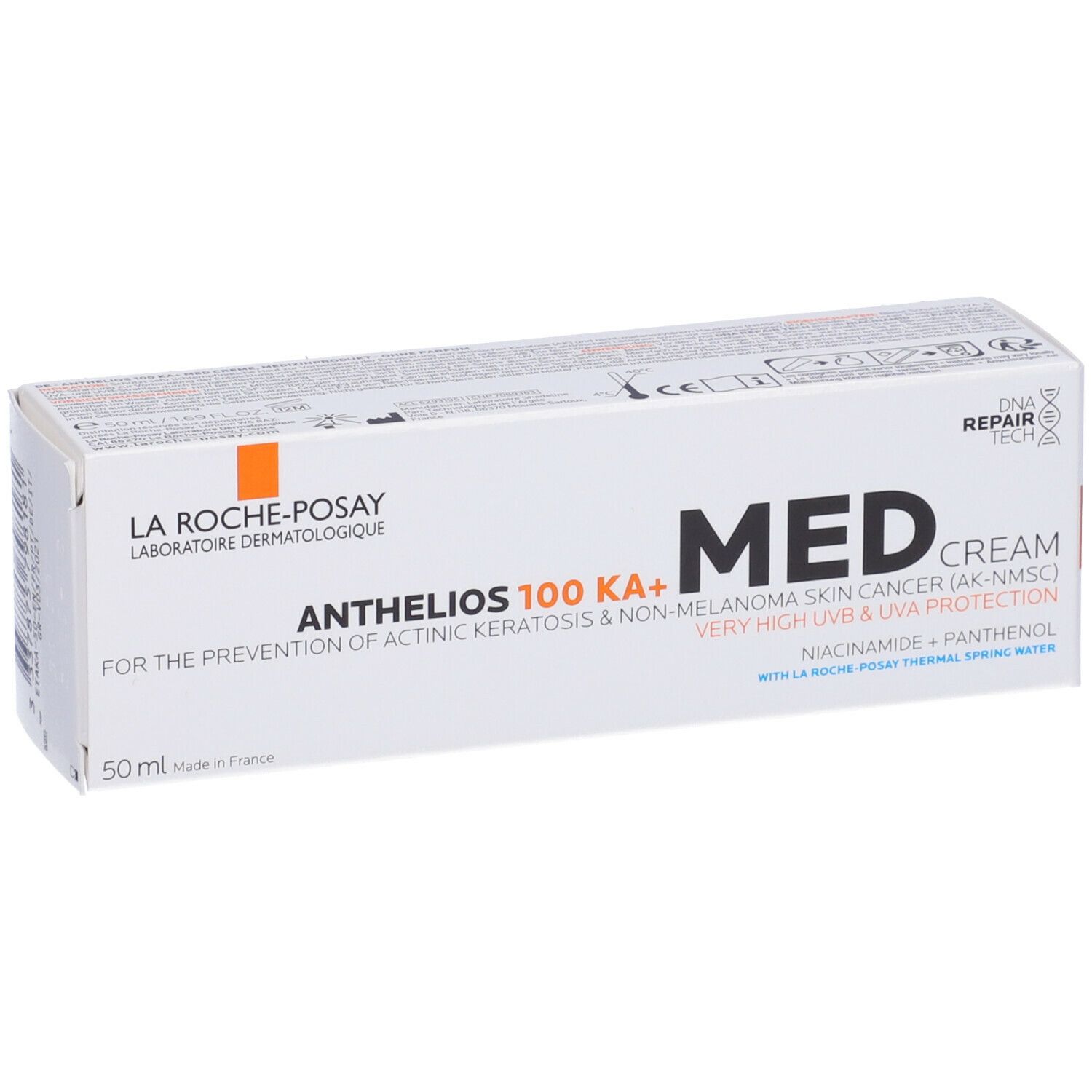 Scatola bianca con prodotto. Scritta: Anthelios 100 KA+ Med Cream. Logo: La Roche-Posay. Testo: 50 ml.