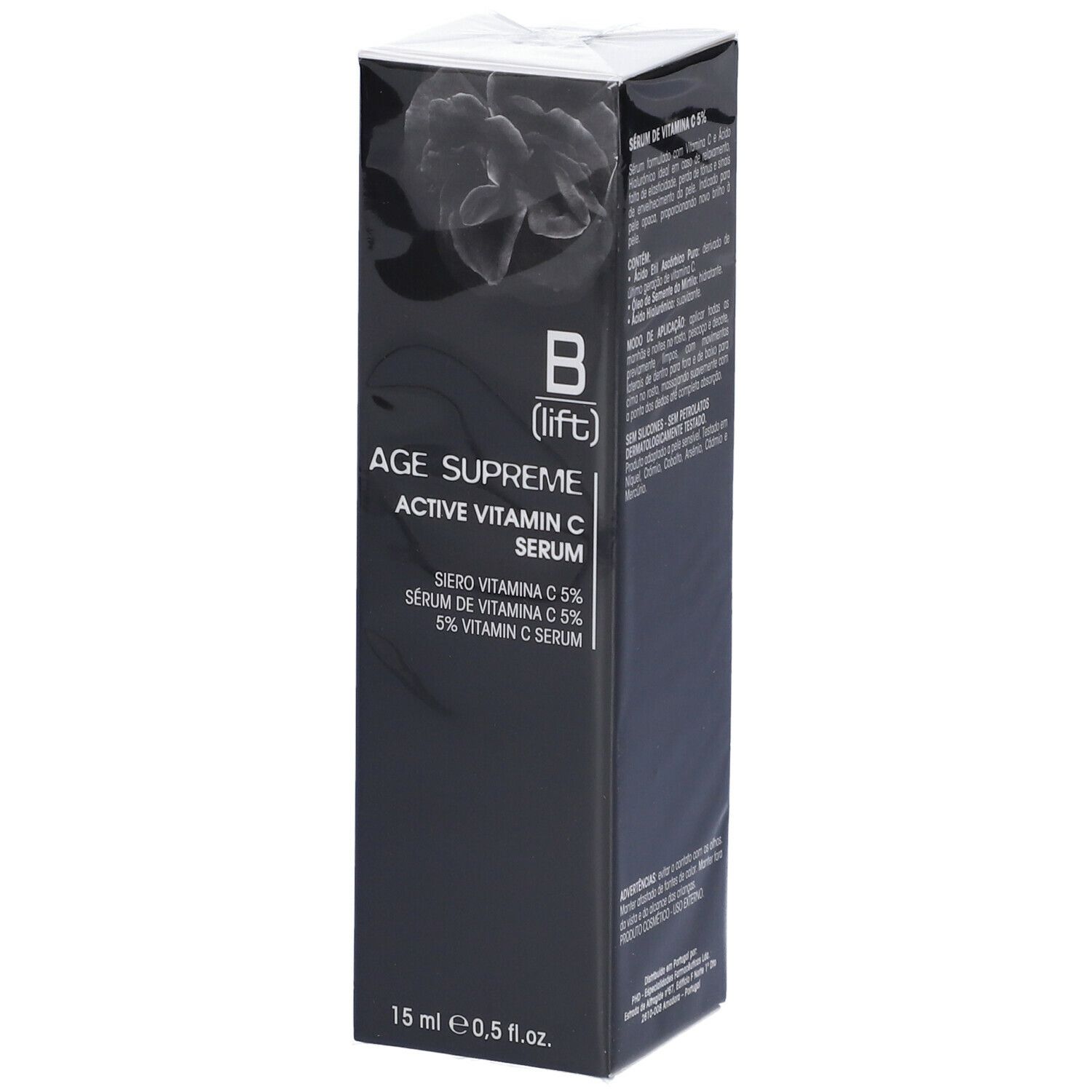 Scatola nera con informazioni sul prodotto. Scritto: B (lift) AGE Supreme Active Vitamin C Serum. 15 ml.