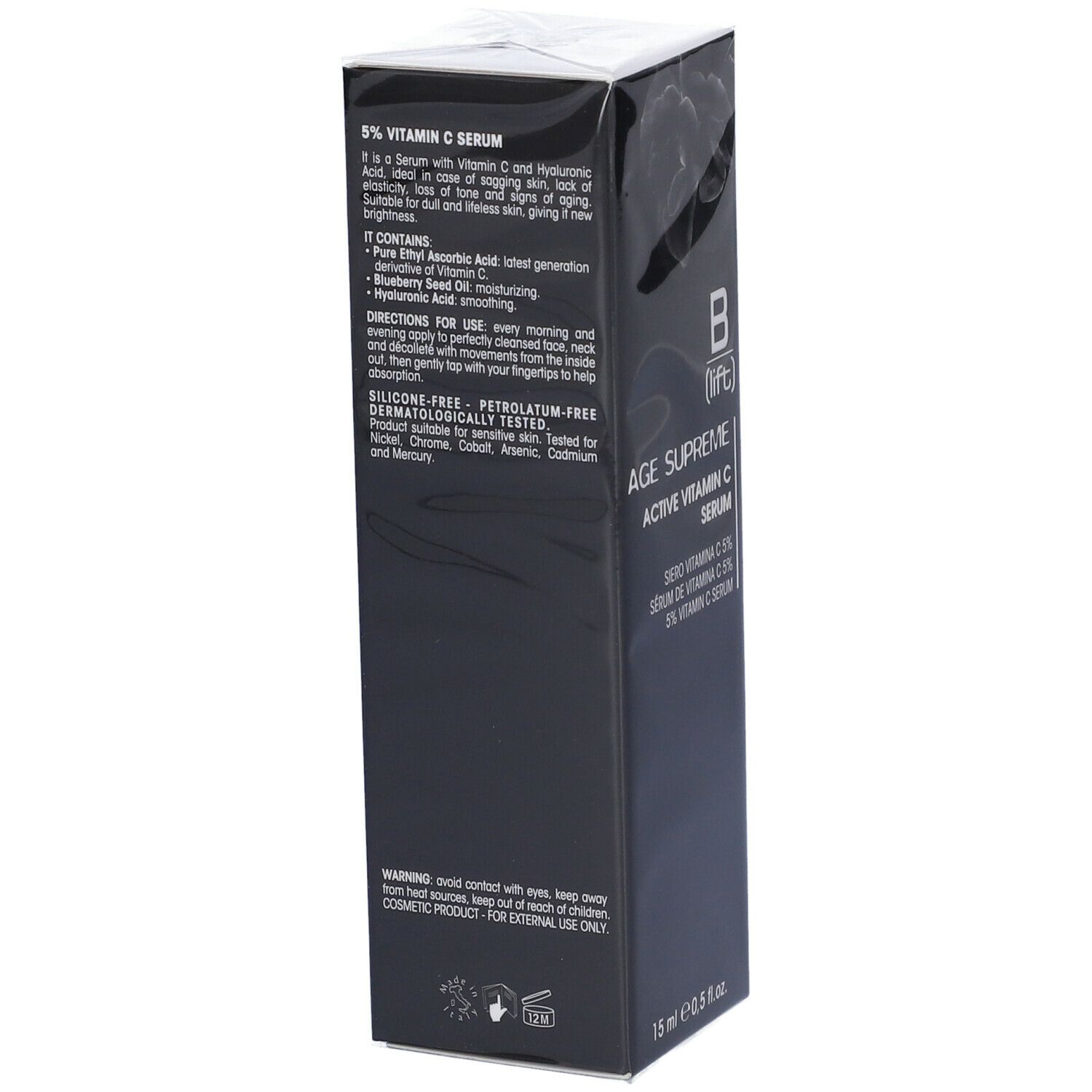 Scatola nera, retro con informazioni sul prodotto. Testo: 5% Vitamin C Serum. Ingredienti, istruzioni per l'uso.