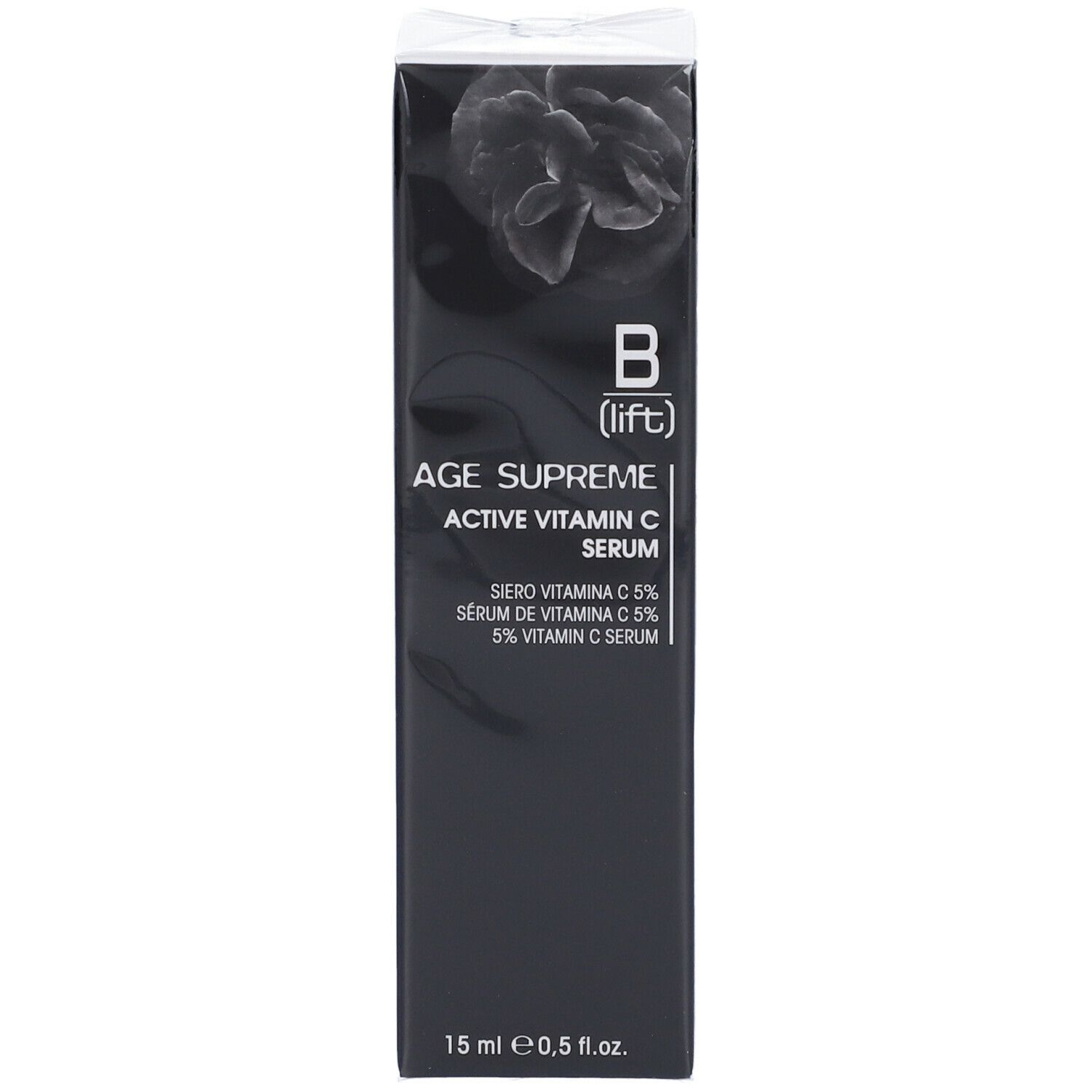 Scatola nera con informazioni sul prodotto. Scritto: B (lift) AGE Supreme Active Vitamin C Serum. 15 ml.