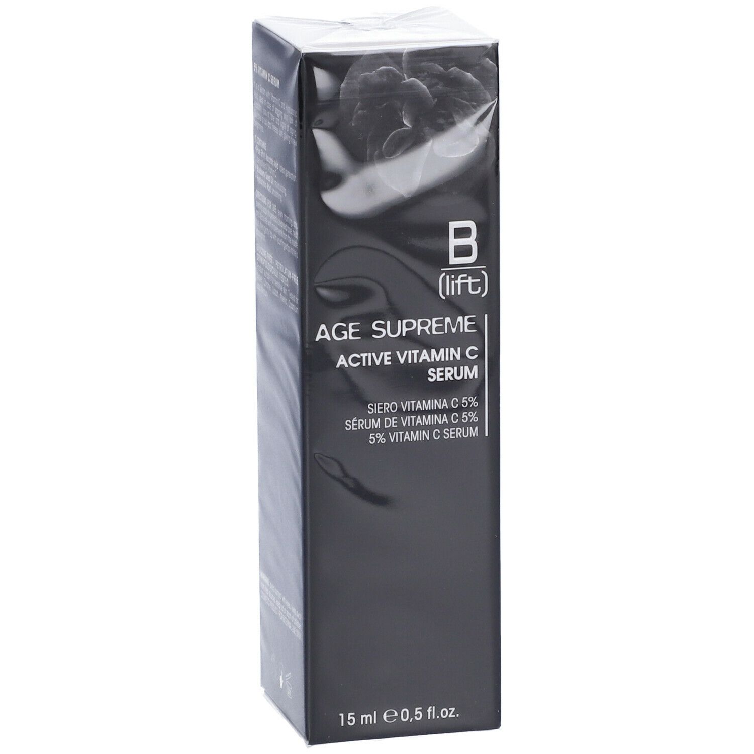 Scatola nera con informazioni sul prodotto. Scritto: B (lift) AGE Supreme Active Vitamin C Serum. 15 ml.