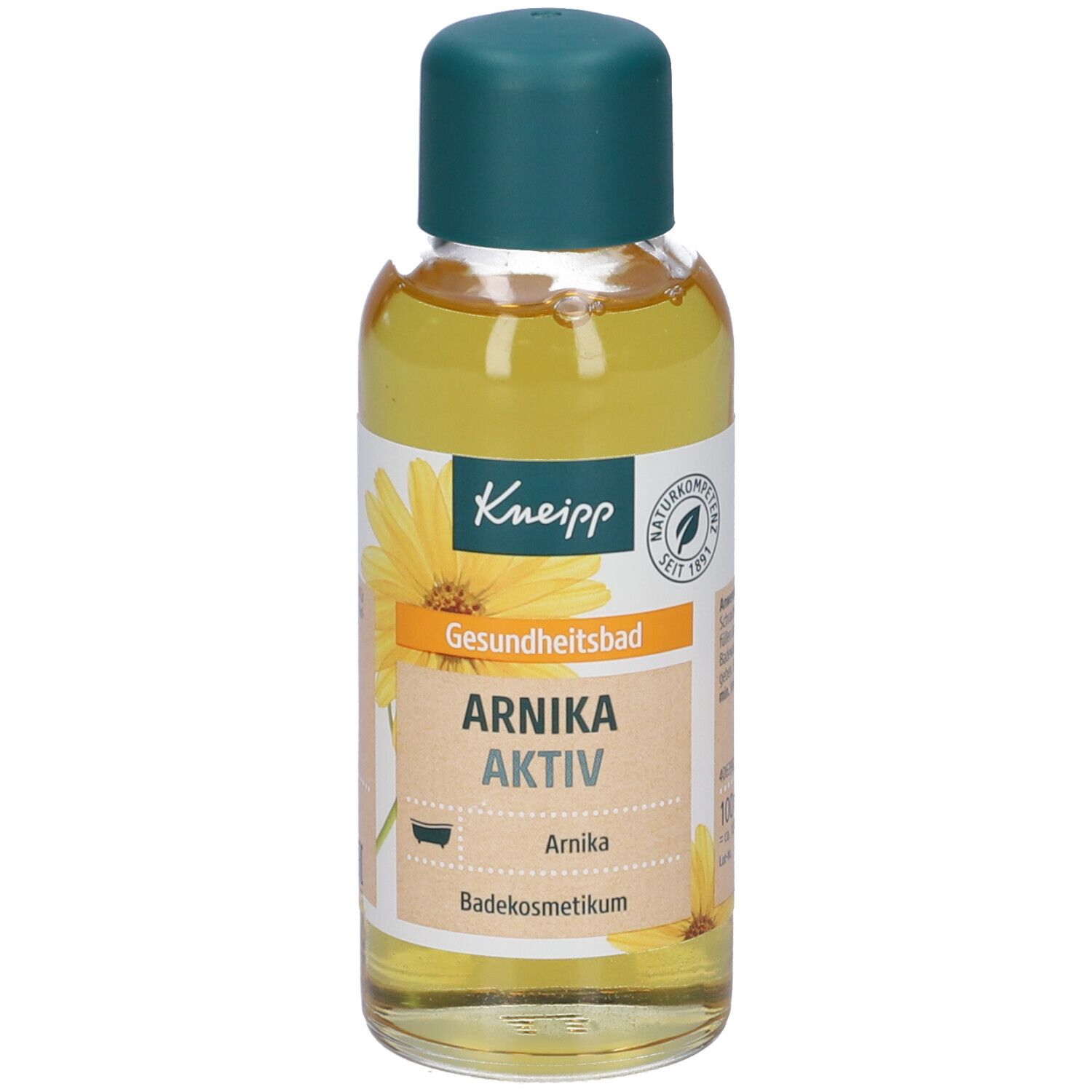 Flacone Kneipp con liquido giallo e tappo verde. Etichetta con testo: Arnica Aktiv, bagno di salute, cosmetico da bagno.