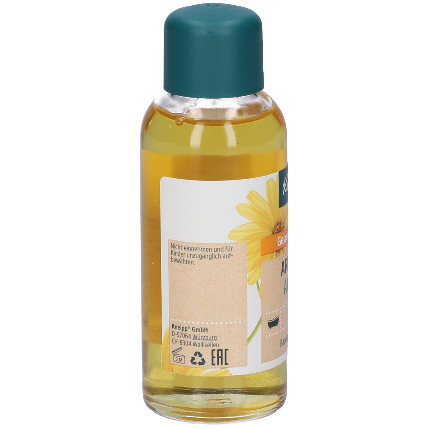 Retro di un flacone Kneipp con liquido giallo e tappo verde. Etichetta con testo e loghi.