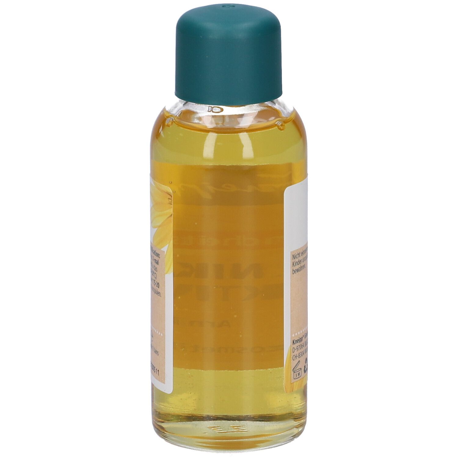 Retro di un flacone Kneipp con liquido giallo e tappo verde. Etichetta con testo.