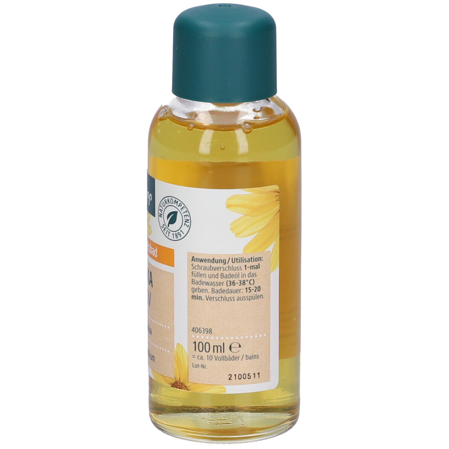 Retro di un flacone Kneipp con liquido giallo e tappo verde. Etichetta con testo e quantità 100 ml.