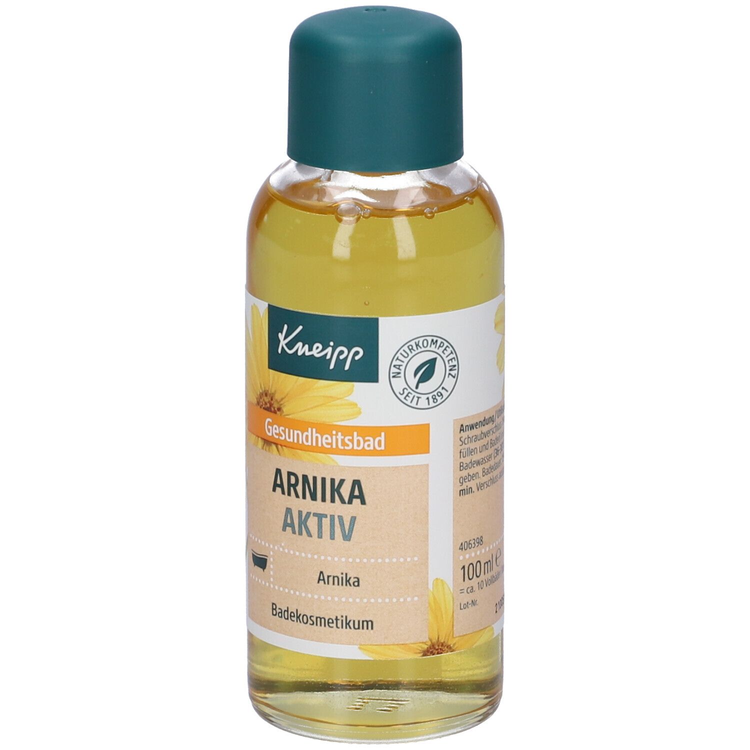 Flacone Kneipp con liquido giallo e tappo verde. Etichetta con testo: Arnica Aktiv, bagno di salute, cosmetico da bagno.