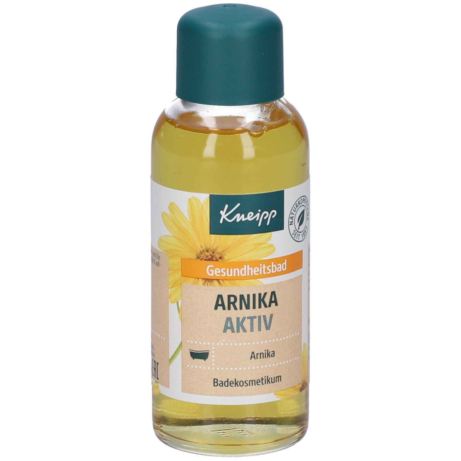Flacone Kneipp con liquido giallo e tappo verde. Etichetta con testo: Arnica Aktiv, bagno di salute, cosmetico da bagno.