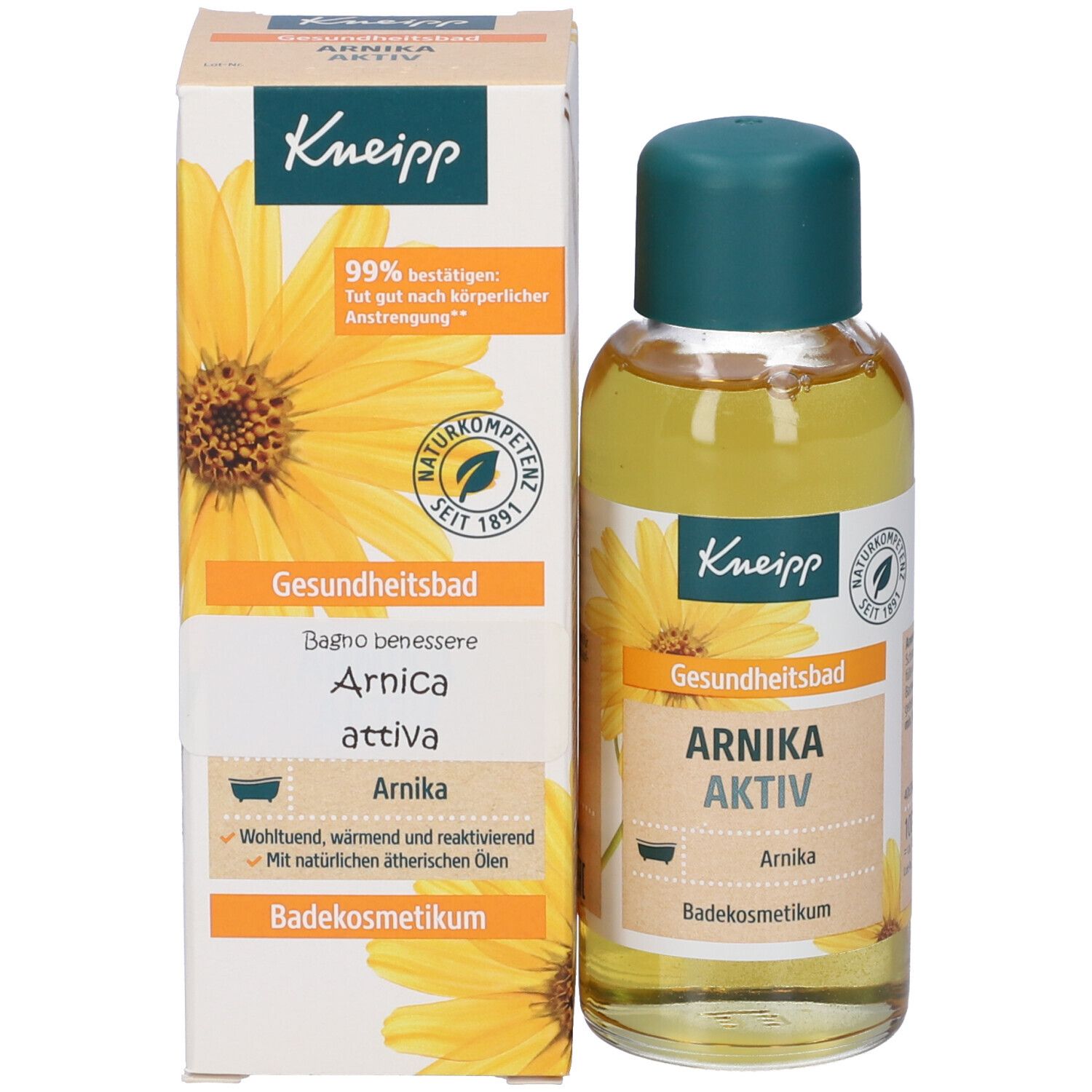 Prodotto Kneipp con flacone e scatola. Sulla scatola: bagno di salute, bagno benessere, Arnica attiva.