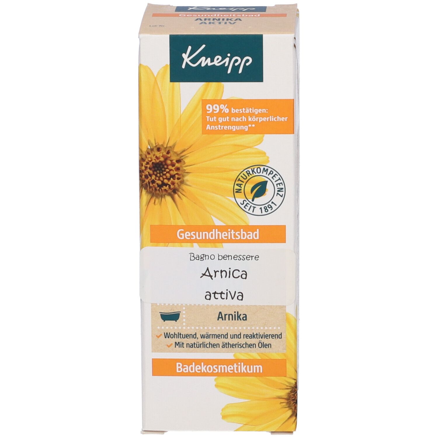 Scatola con prodotto Kneipp. Sulla scatola: bagno di salute, bagno benessere, Arnica attiva.