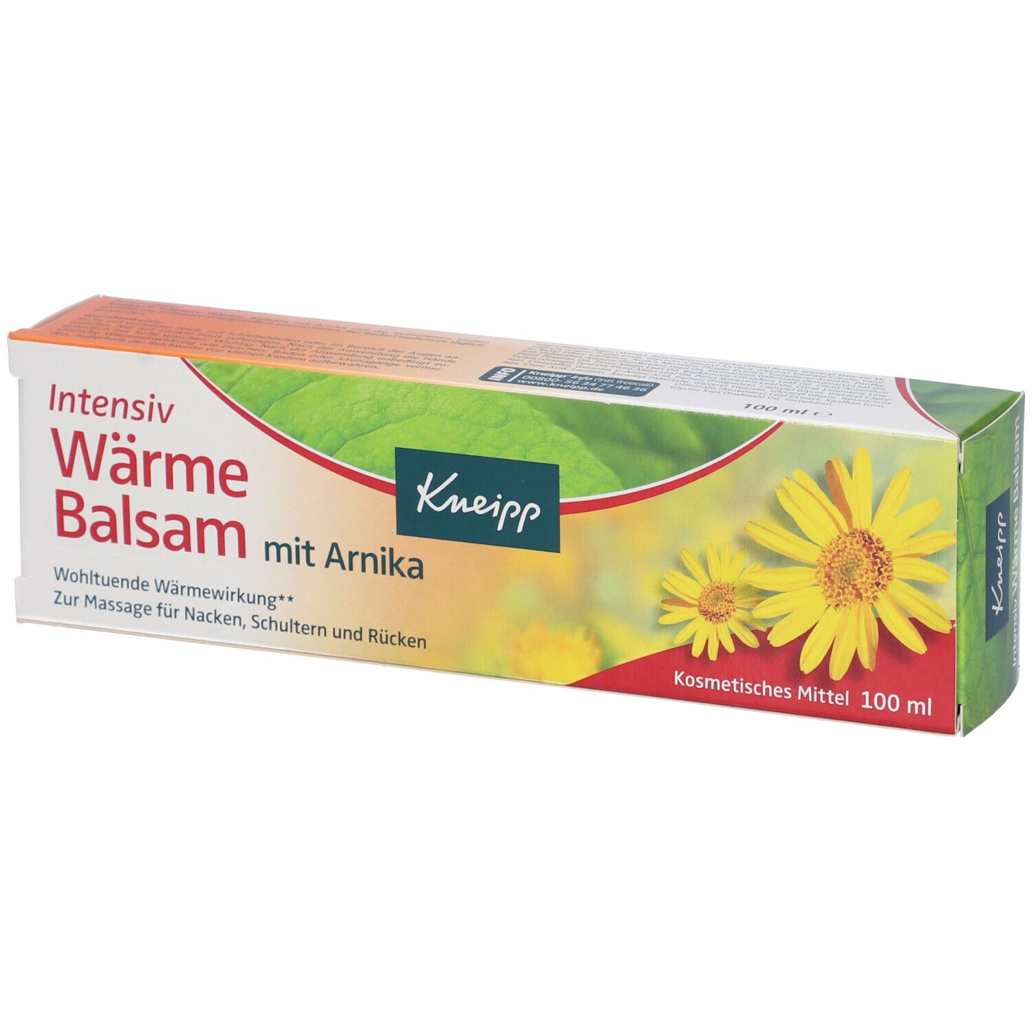 Scatola Kneipp Balsamo con Arnica. Informazioni sul prodotto e design floreale. Scritta: Intensiv Wärme Balsam.