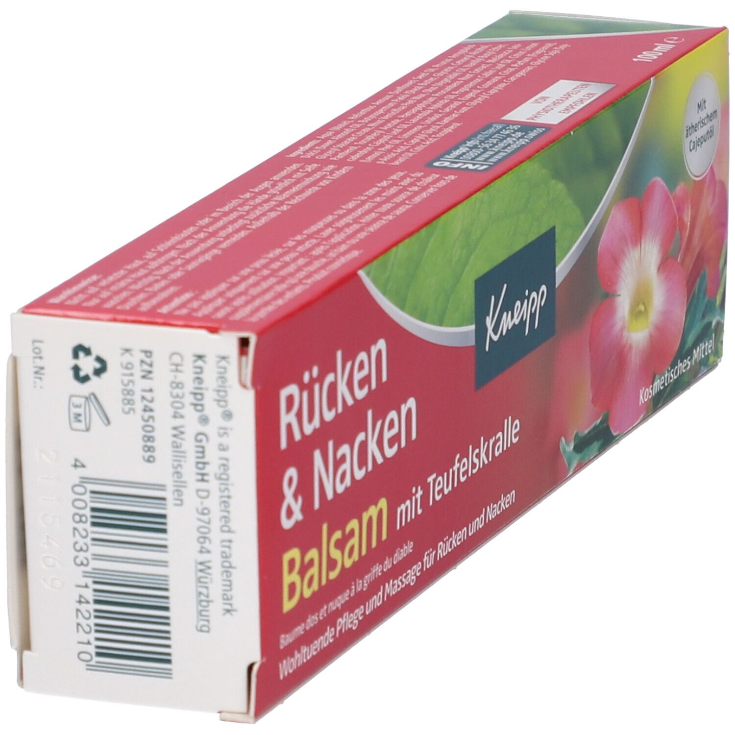 Confezione Kneipp Balsamo. Scatola rossa con nome del prodotto e design floreale. Codice a barre e informazioni del produttore.