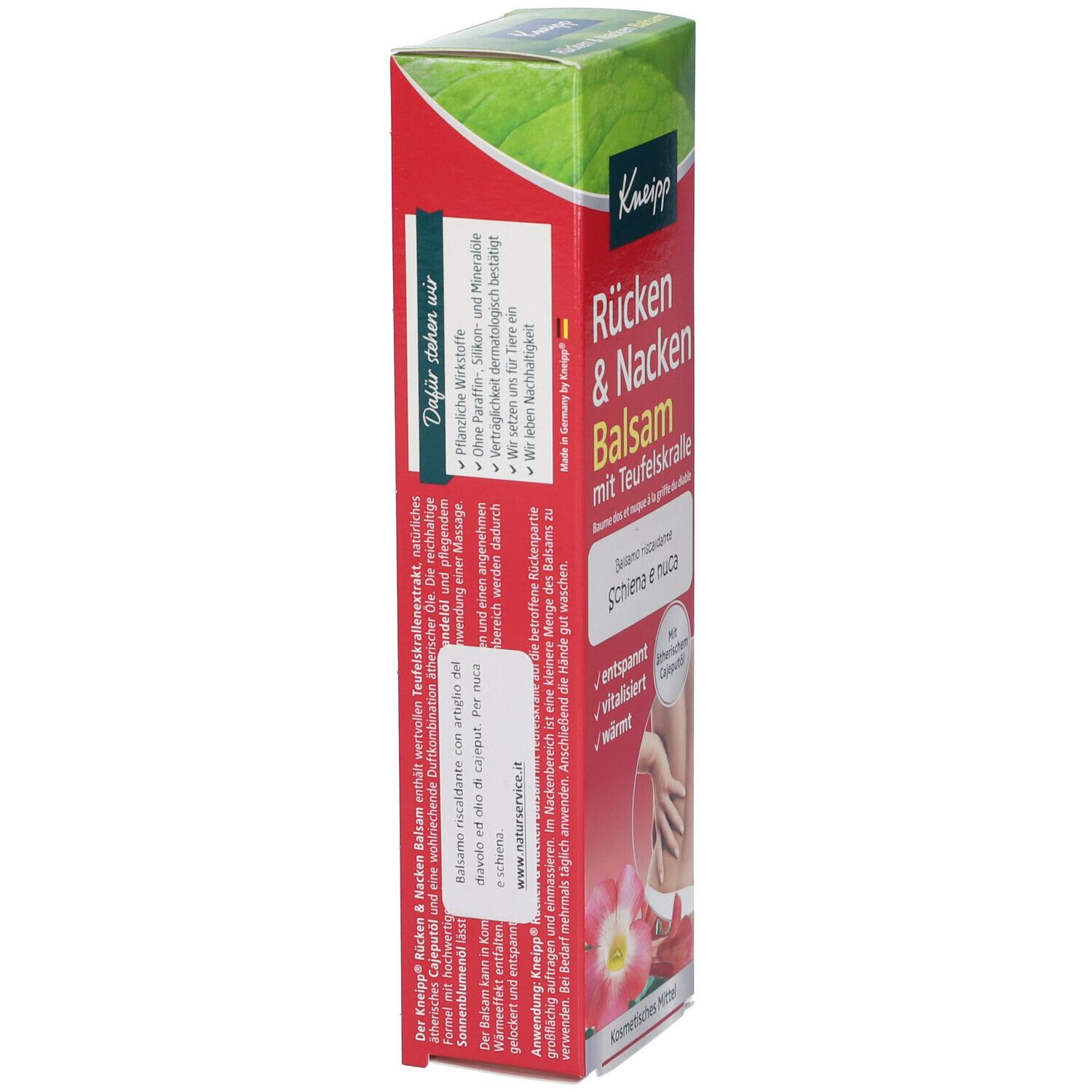 Confezione Kneipp Balsamo. Scatola rossa con nome del prodotto e testo. Vista laterale con informazioni produttore e testo.