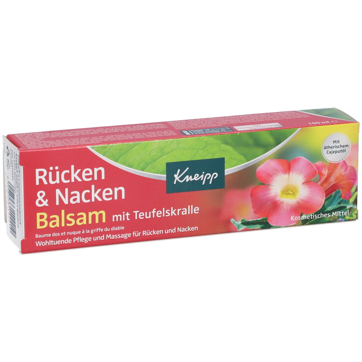 Confezione Kneipp Balsamo. Scatola rossa con nome del prodotto e design floreale. Testo e logo.