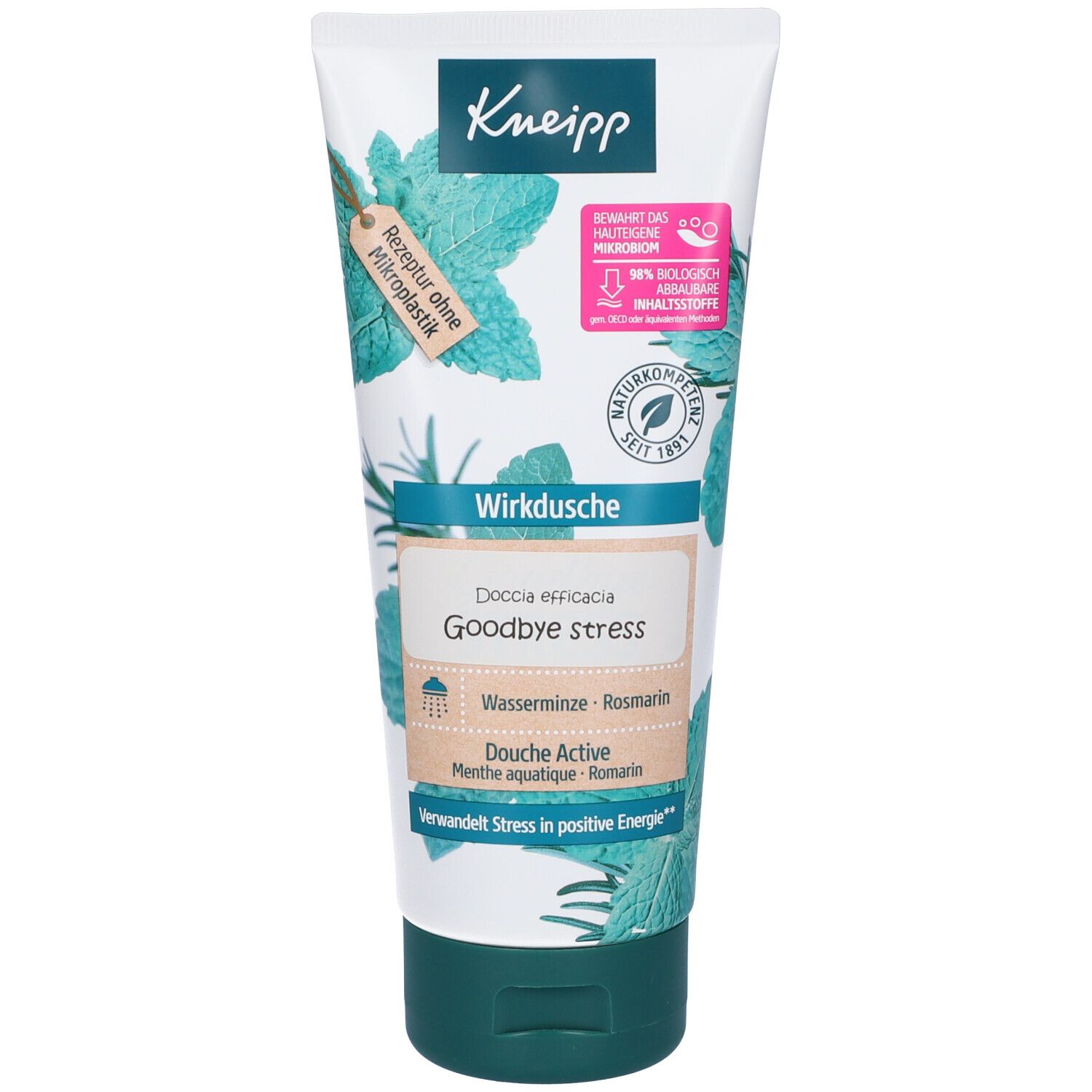 Kneipp Gel Doccia Aromatico Goodbye Stress. Tubo con tappo verde. Etichetta con nome prodotto, illustrazioni di menta e rosmarino.