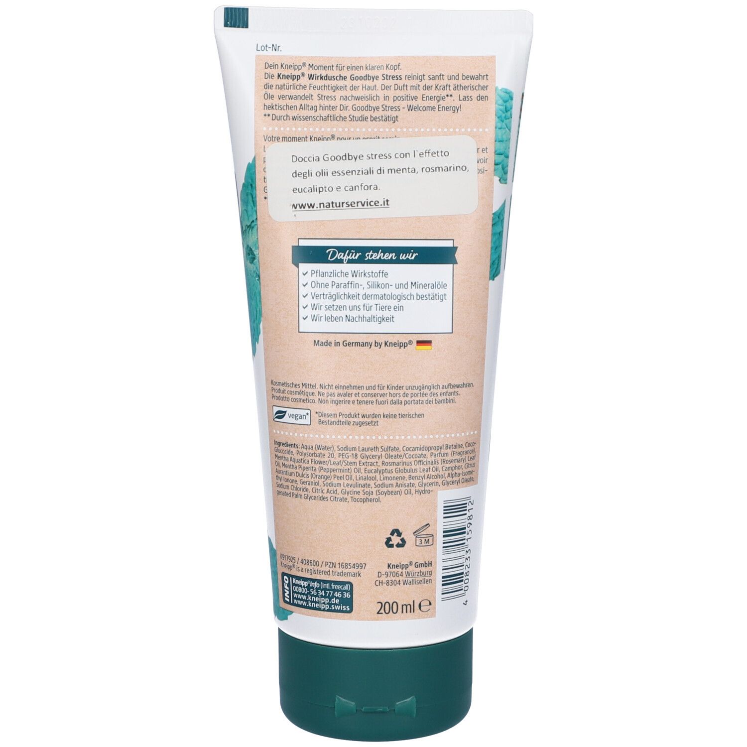 Retro del tubo Kneipp Gel Doccia Aromatico Goodbye Stress. Informazioni testuali, ingredienti, indicazioni di sostenibilità, 200ml.