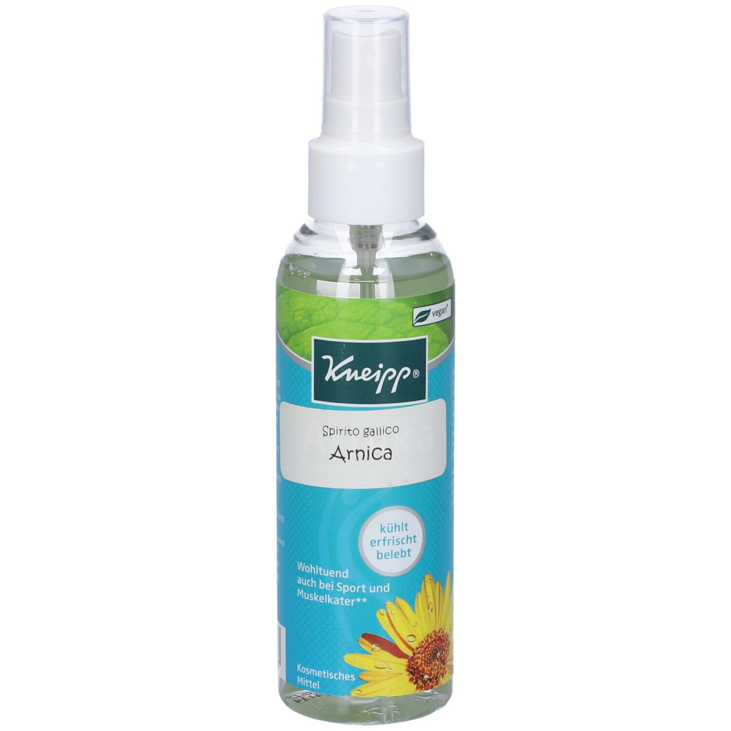 Flacone spray trasparente con erogatore bianco. Etichetta con logo Kneipp, nome del prodotto e illustrazione di girasole.