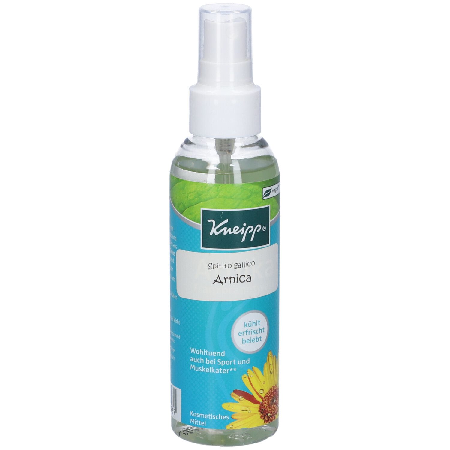 Flacone spray trasparente con erogatore bianco. Etichetta con logo Kneipp, nome del prodotto e illustrazione di girasole.