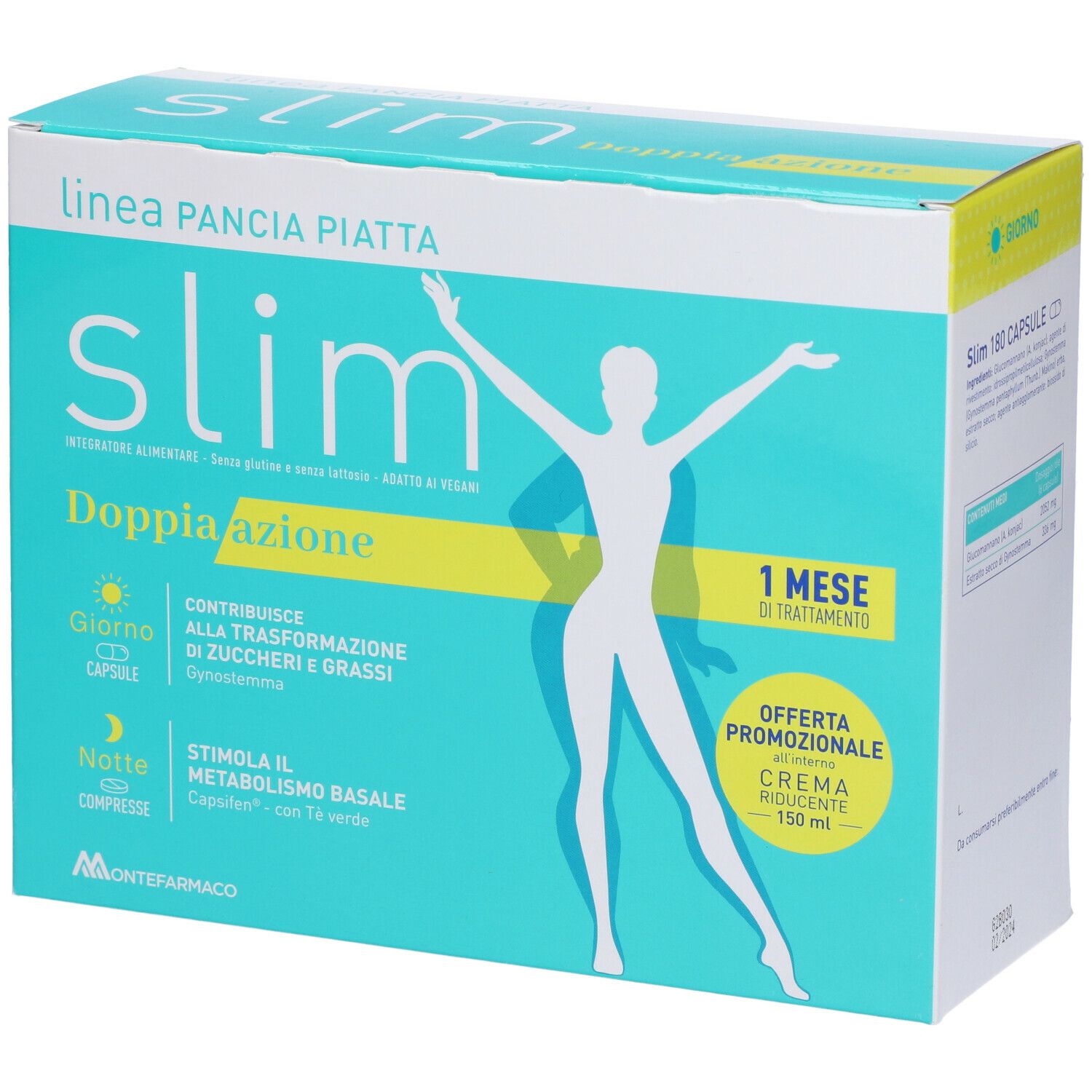 Confezione Montefarmaco Slim. Scritta 'Slim' e 'Doppiazione'. Contiene capsule giorno e notte. Con offerta promozionale.