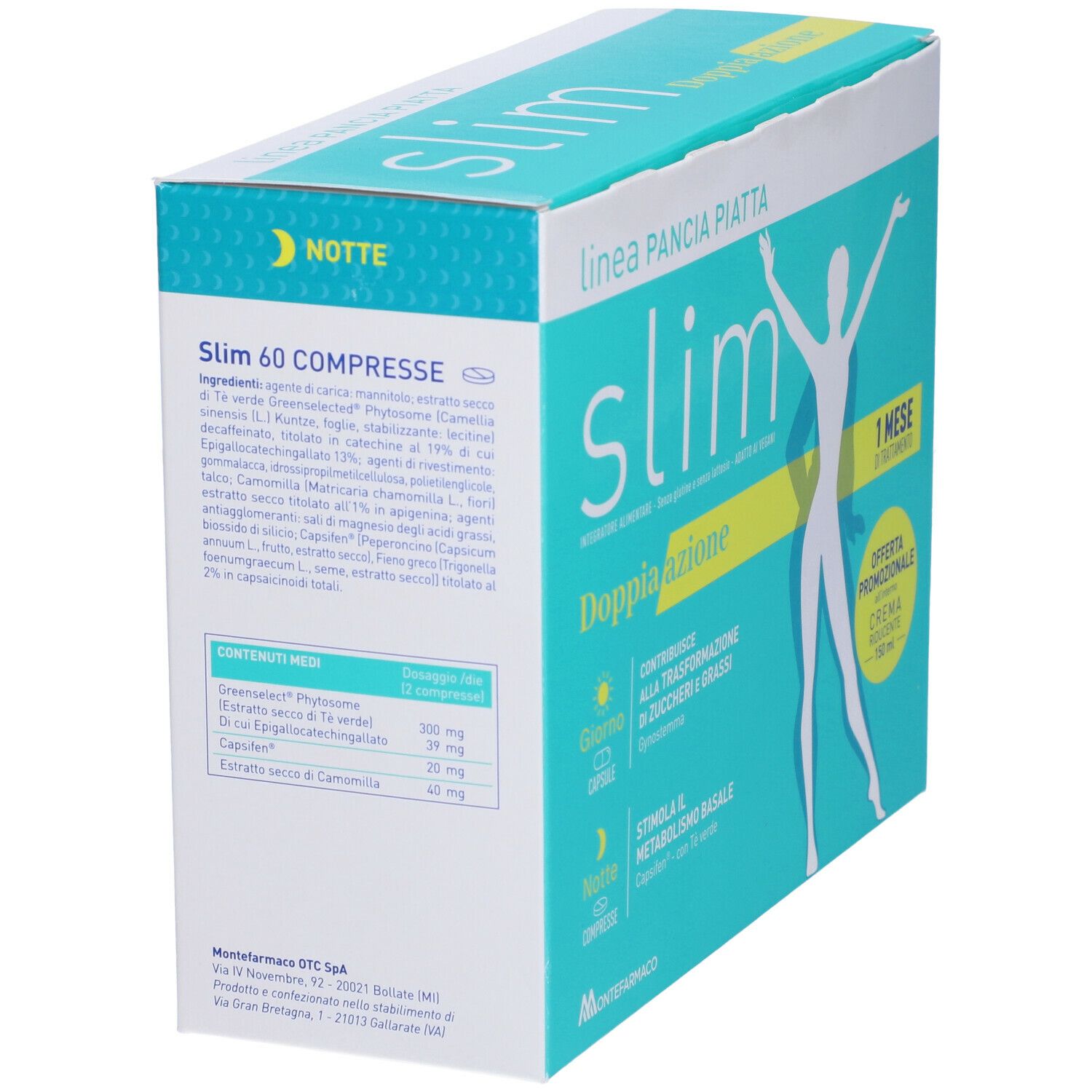 Confezione Montefarmaco Slim. Scritta 'Slim 60 Compresse'. Contiene ingredienti e informazioni nutrizionali. Vista laterale.