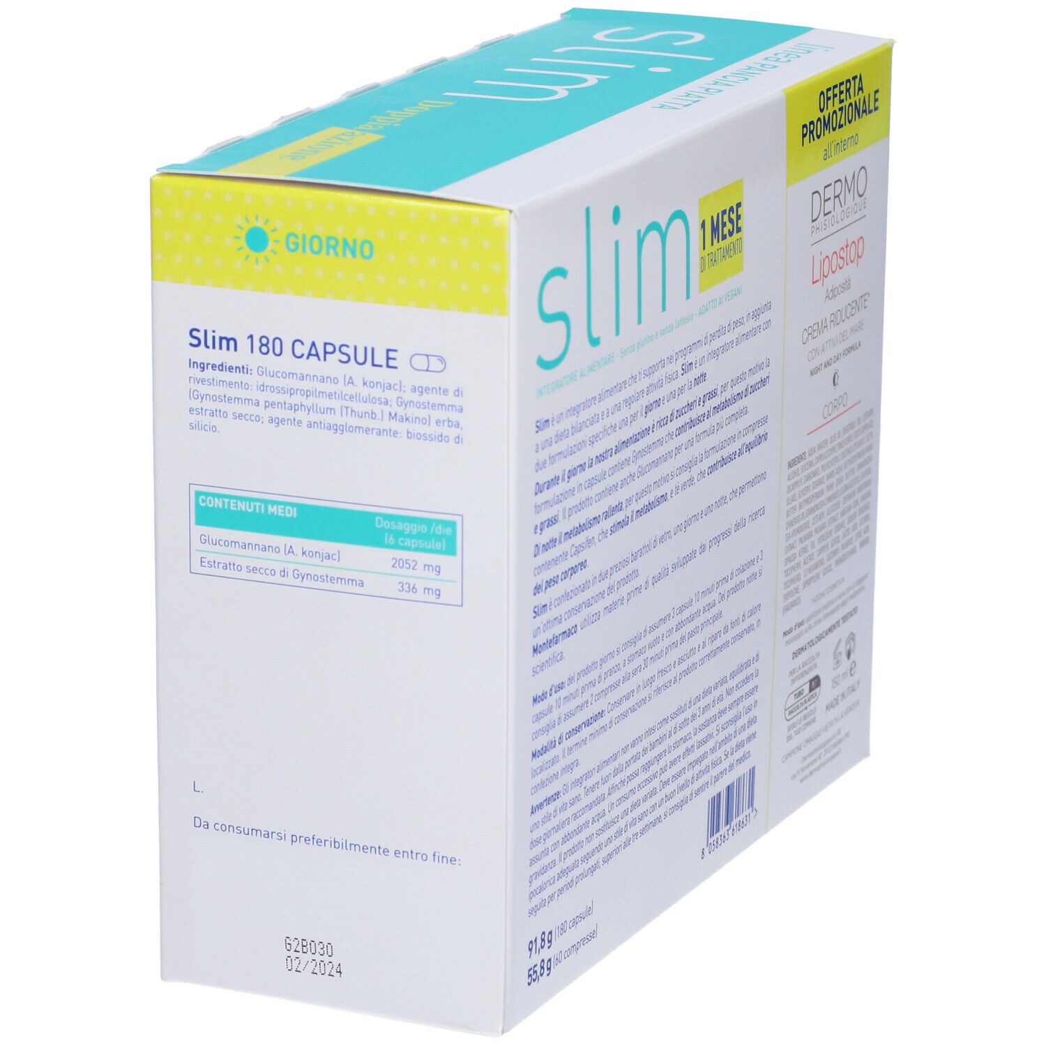 Confezione Montefarmaco Slim. Scritta 'Slim 180 Capsule'. Contiene ingredienti e informazioni nutrizionali. Vista laterale.
