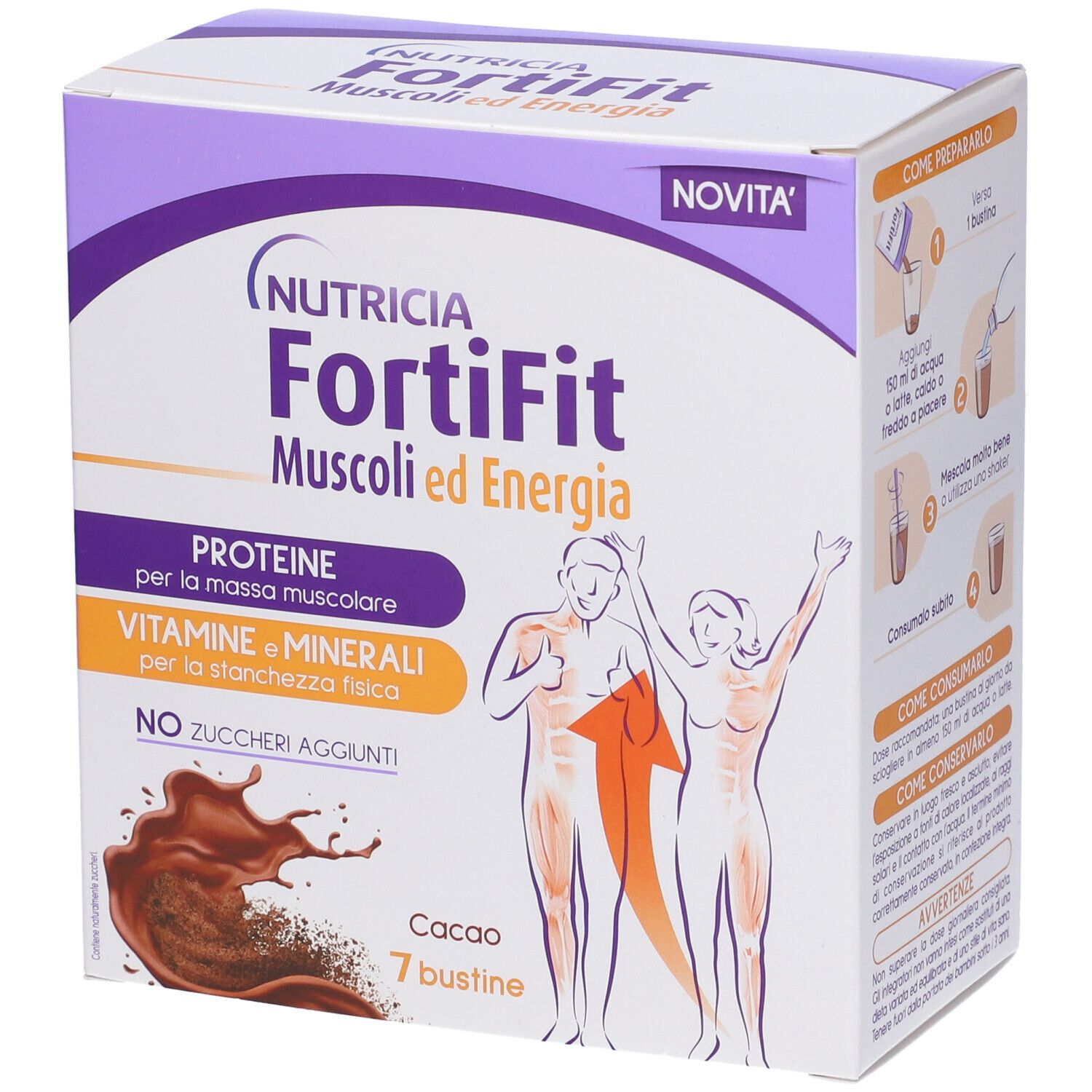 Confezione di Fortifit Muscoli&energia Cacao. Contiene 7 bustine. Scritte: Proteine, Vitamine & Minerali, senza zuccheri aggiunti.